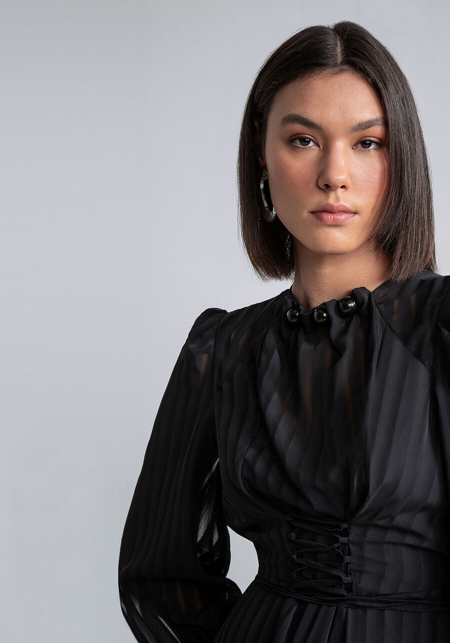 Vestido Manga Longa Mídi Amarração, PRETO. Vestido Manga Longa Mídi Amarração, PRETO, large.