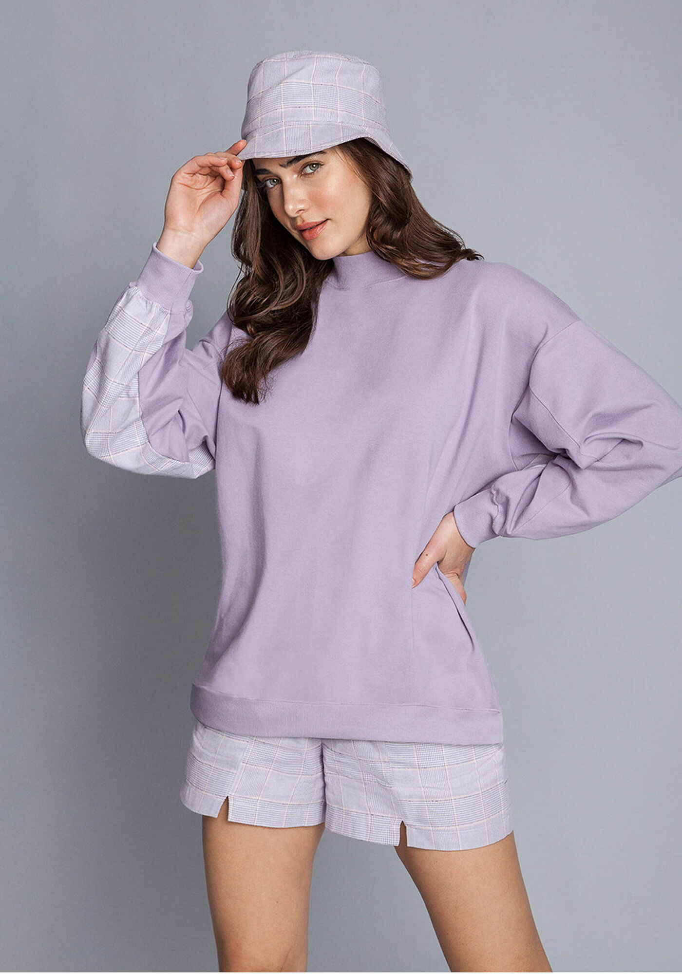 Shorts Cintura Alta Xadrez Bege Valsa, , large.