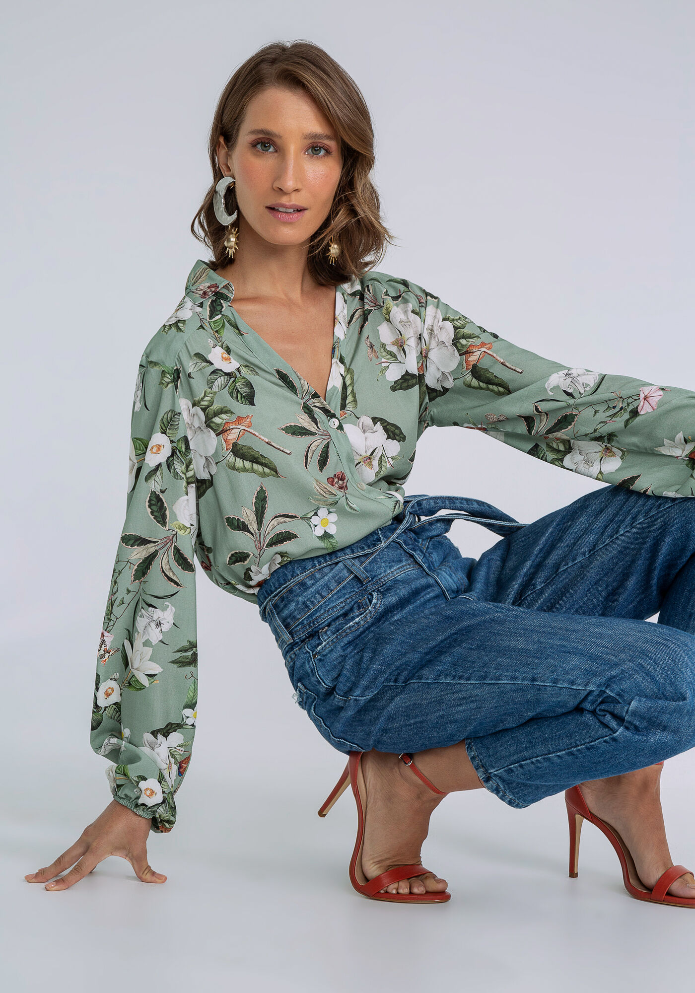 Camisa Manga Longa Bufante Estampada, FLORAL, large.