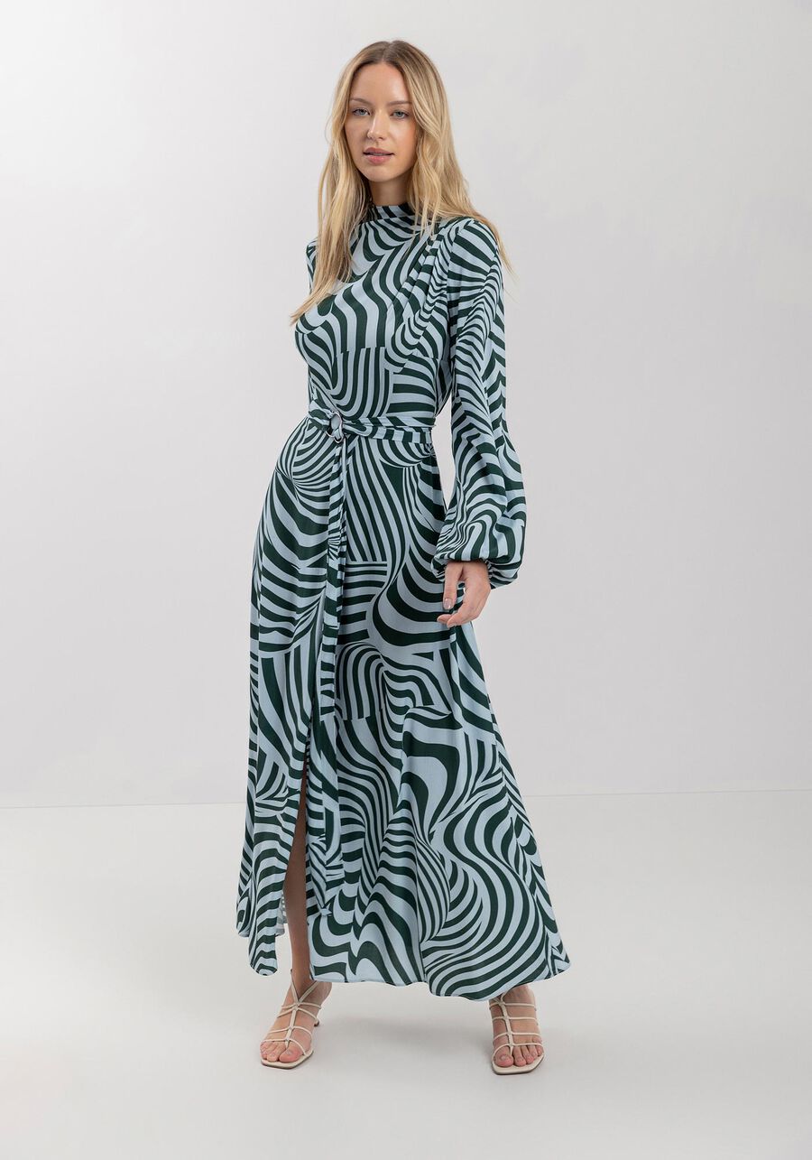 Vestido Midi Chá Estampado Com Mangas Amplas E Faixa, . Vestido Midi Chá Estampado Com Mangas Amplas E Faixa, , large.