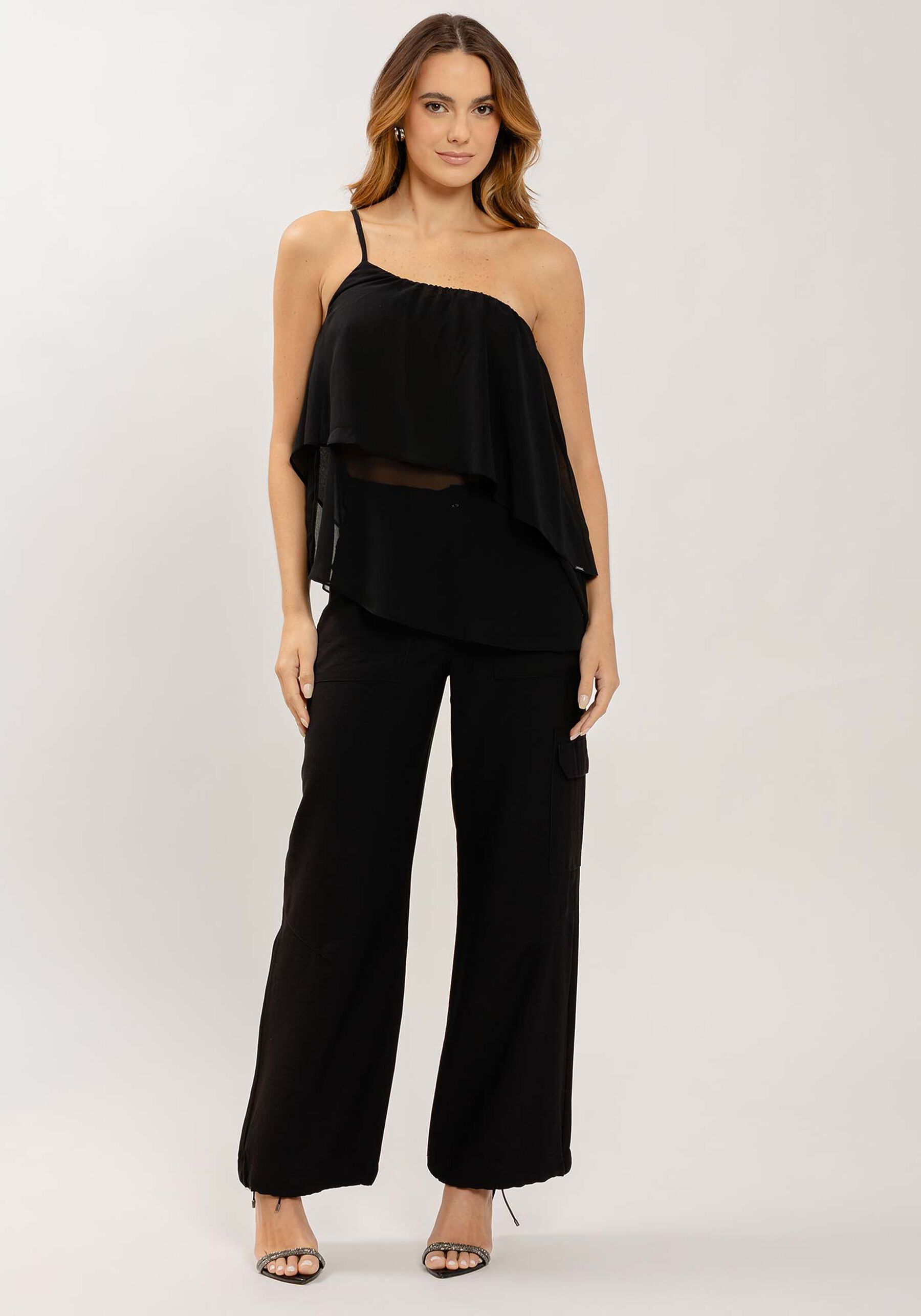 Blusa Ombro Só em Chiffon com Babado, . Blusa Ombro Só em Chiffon com Babado, , large.