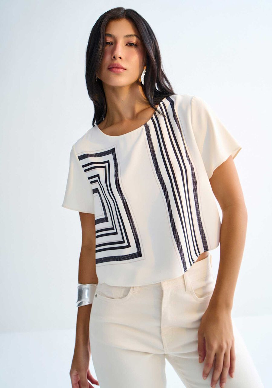 Blusa Curta em Tecido Plano com Estampa Geométrica, CREME ANGORA. Blusa Curta em Tecido Plano com Estampa Geométrica, CREME ANGORA, large.