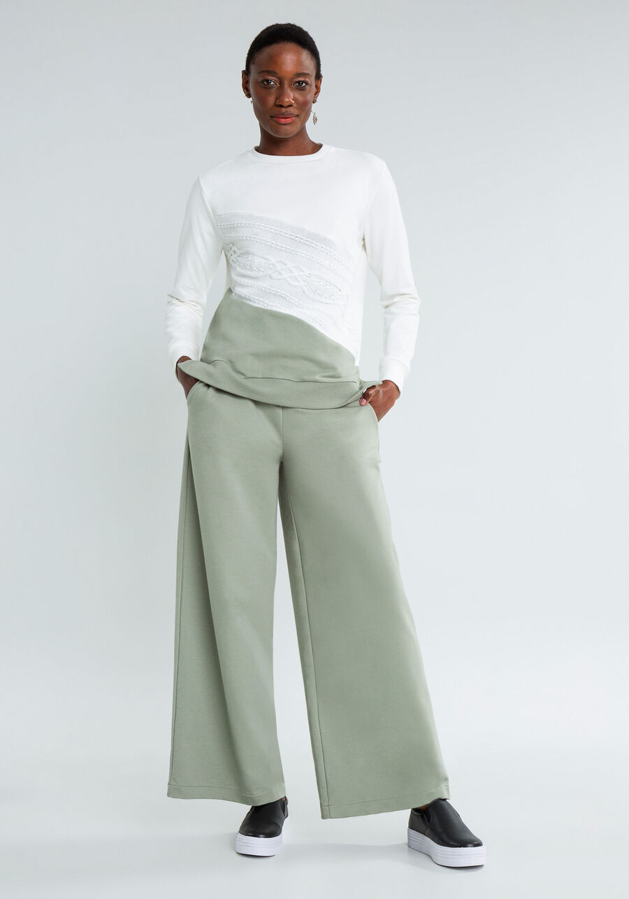 Blusão Manga Longa Recorte Tricô, BRANCO OFF WHITE. Blusão Manga Longa Recorte Tricô, BRANCO OFF WHITE, large.