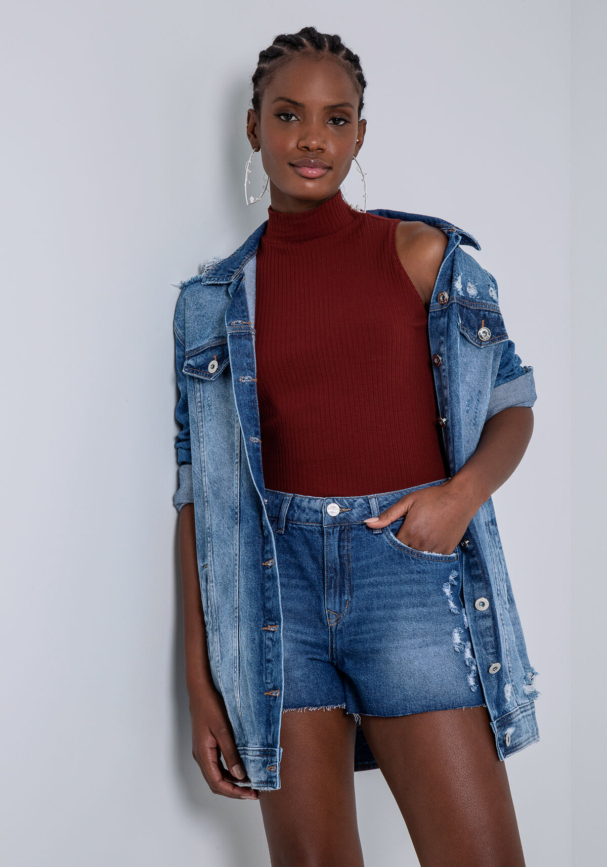 Jaqueta jeans com manga de tule on sale