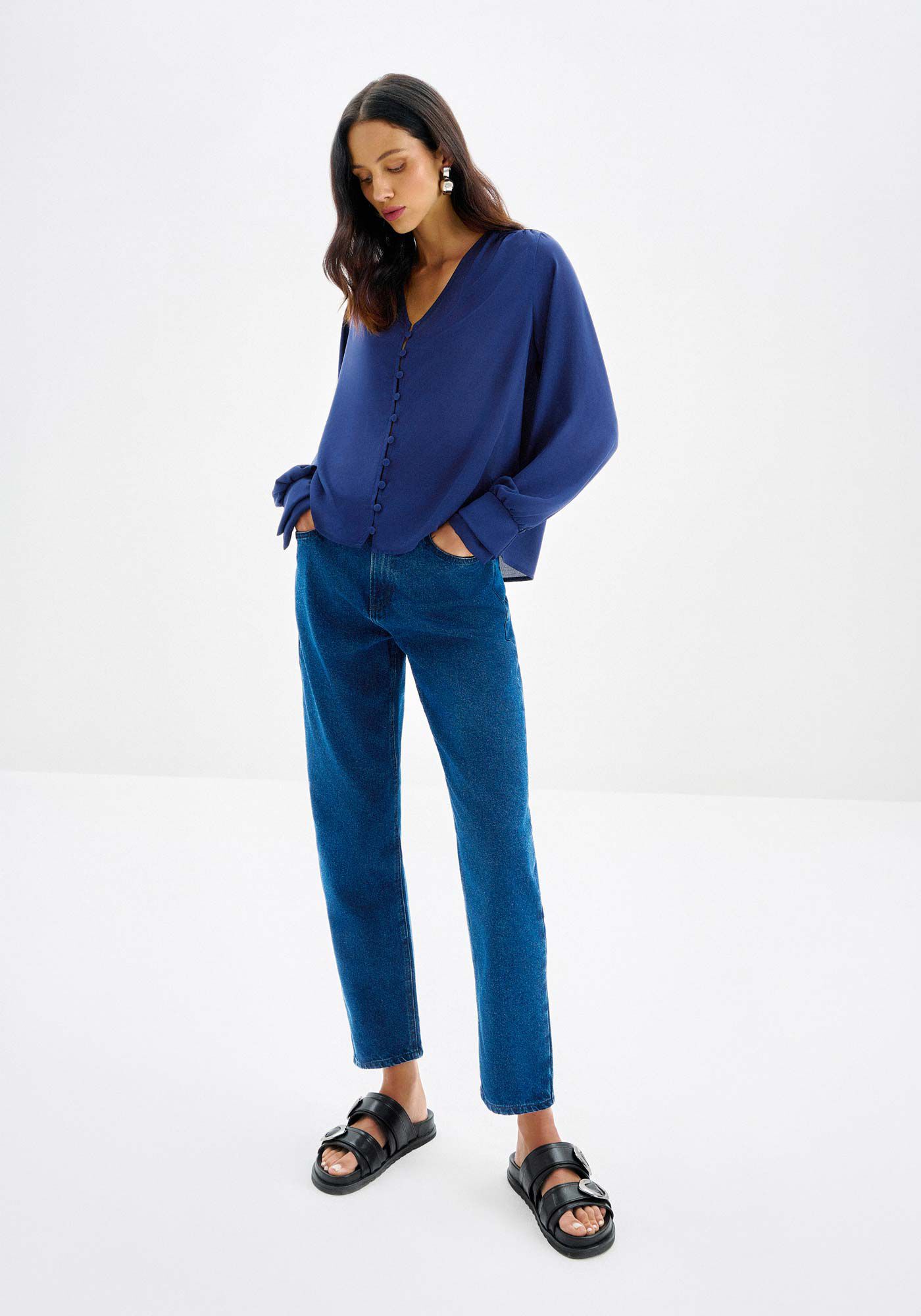 Camisa Manga Longa em Crepe com Decote V, MARINHO BERRY, large.