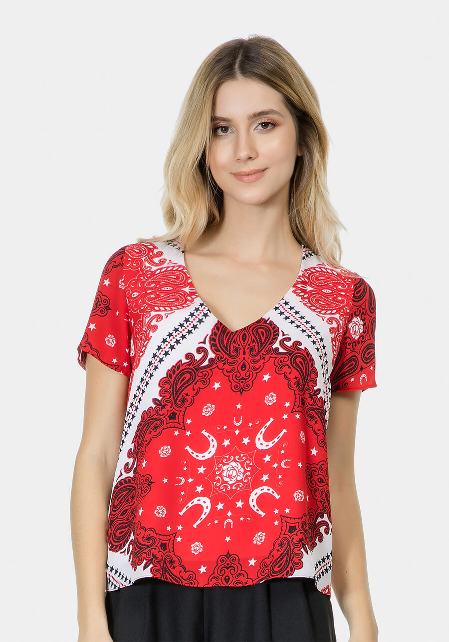 Blusa Estampada Decote V Tecido Bandana, BANDANA. Blusa Estampada Decote V Tecido Bandana, BANDANA, large.