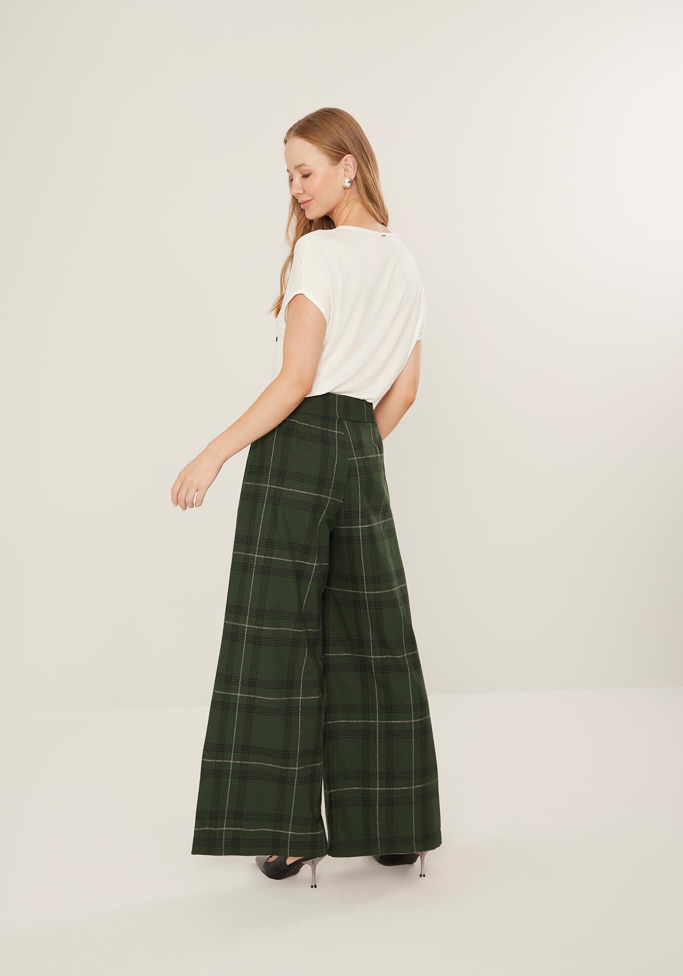 Cal&ccedil;a Pantalona Xadrez De Cintura Alta Em Algod&atilde;o Peletizado, , large.