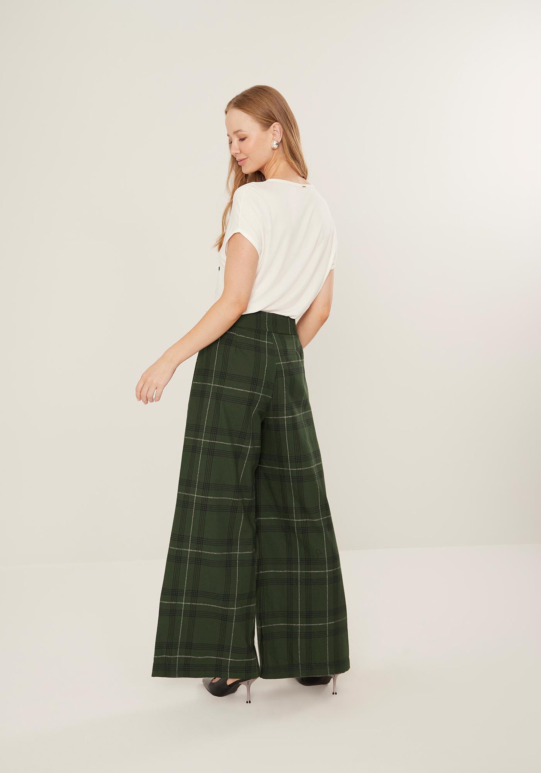 Calça Pantalona Xadrez De Cintura Alta Em Algodão Peletizado, . Calça Pantalona Xadrez De Cintura Alta Em Algodão Peletizado, , large.