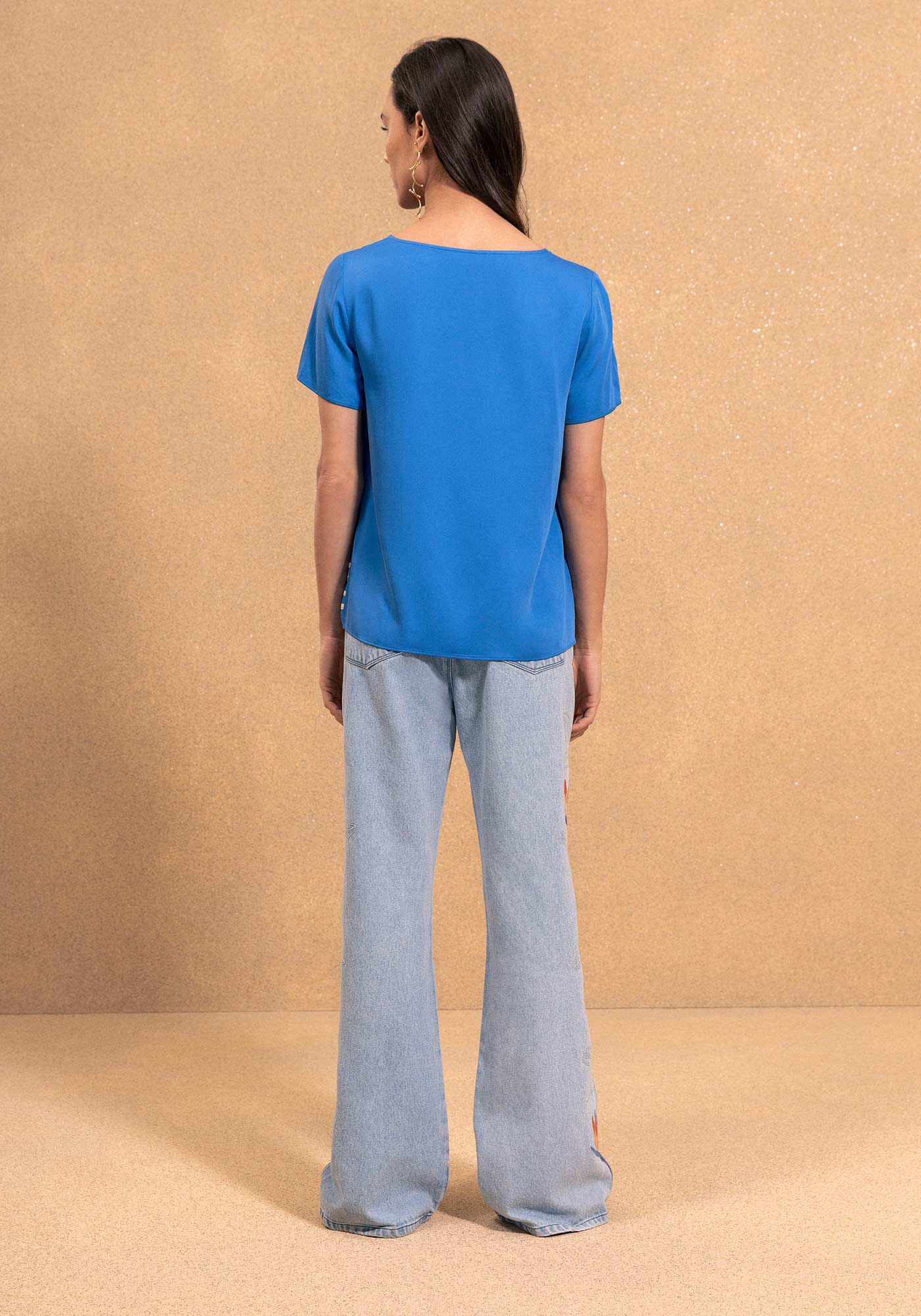 Blusa Com Frente Estampada E Decote Redondo De Mangas Curtas, AZUL NAIVE, large.