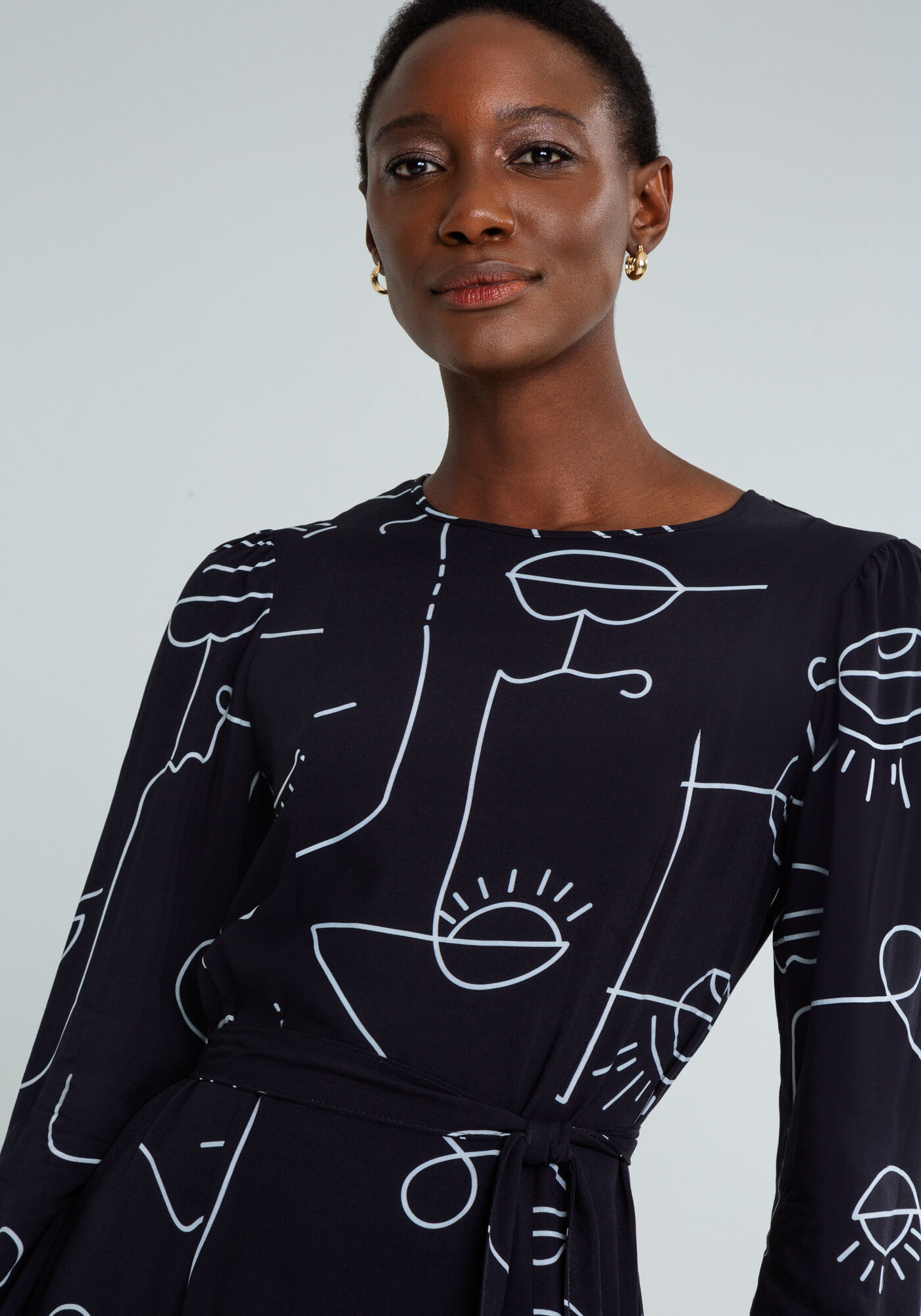 Vestido Estampado Manga Longa Faixa, , large.