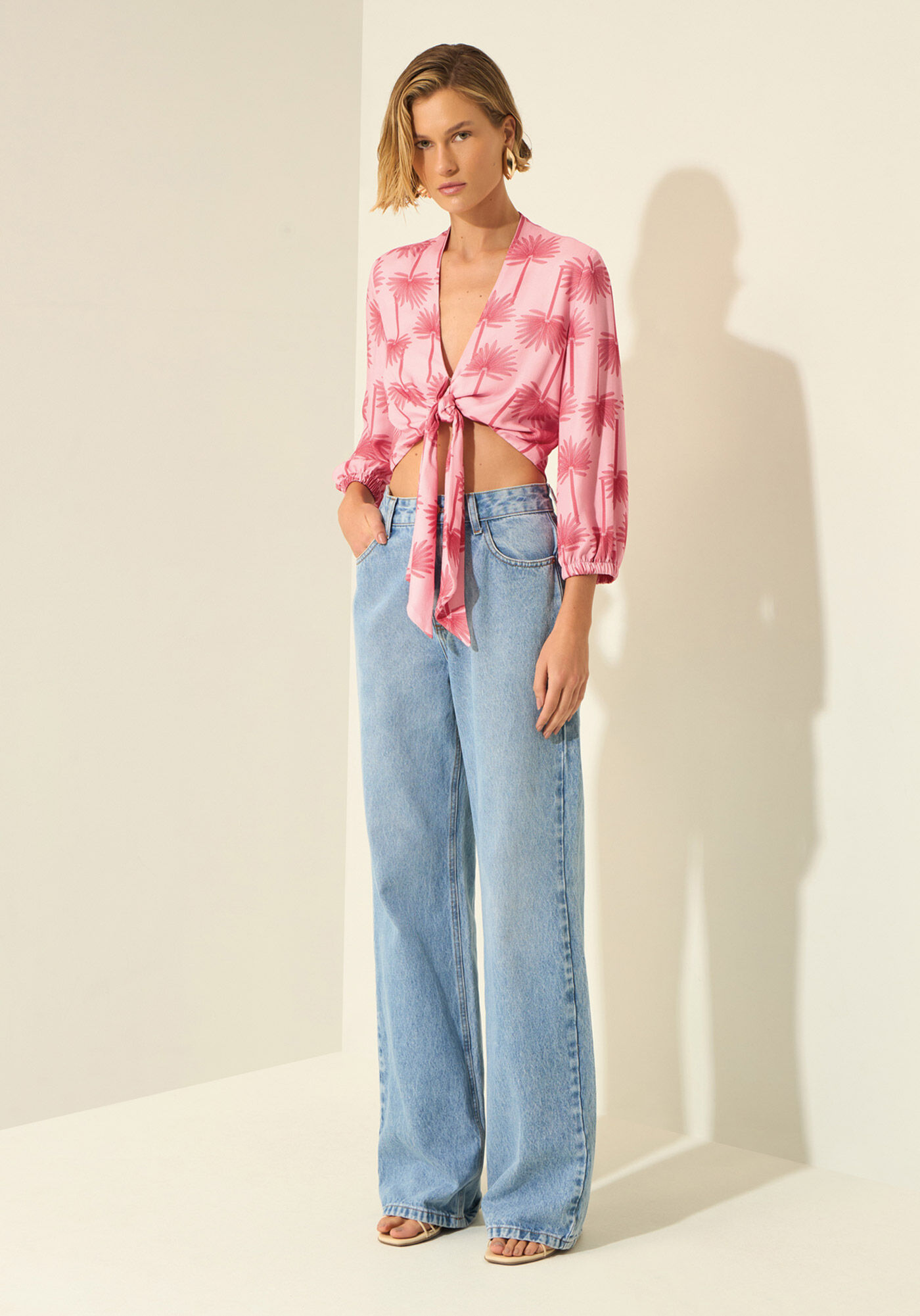 Blusa Estampada Com Mangas 3/4 E Amarra&ccedil;&atilde;o, PIACAVA ROSA, large.