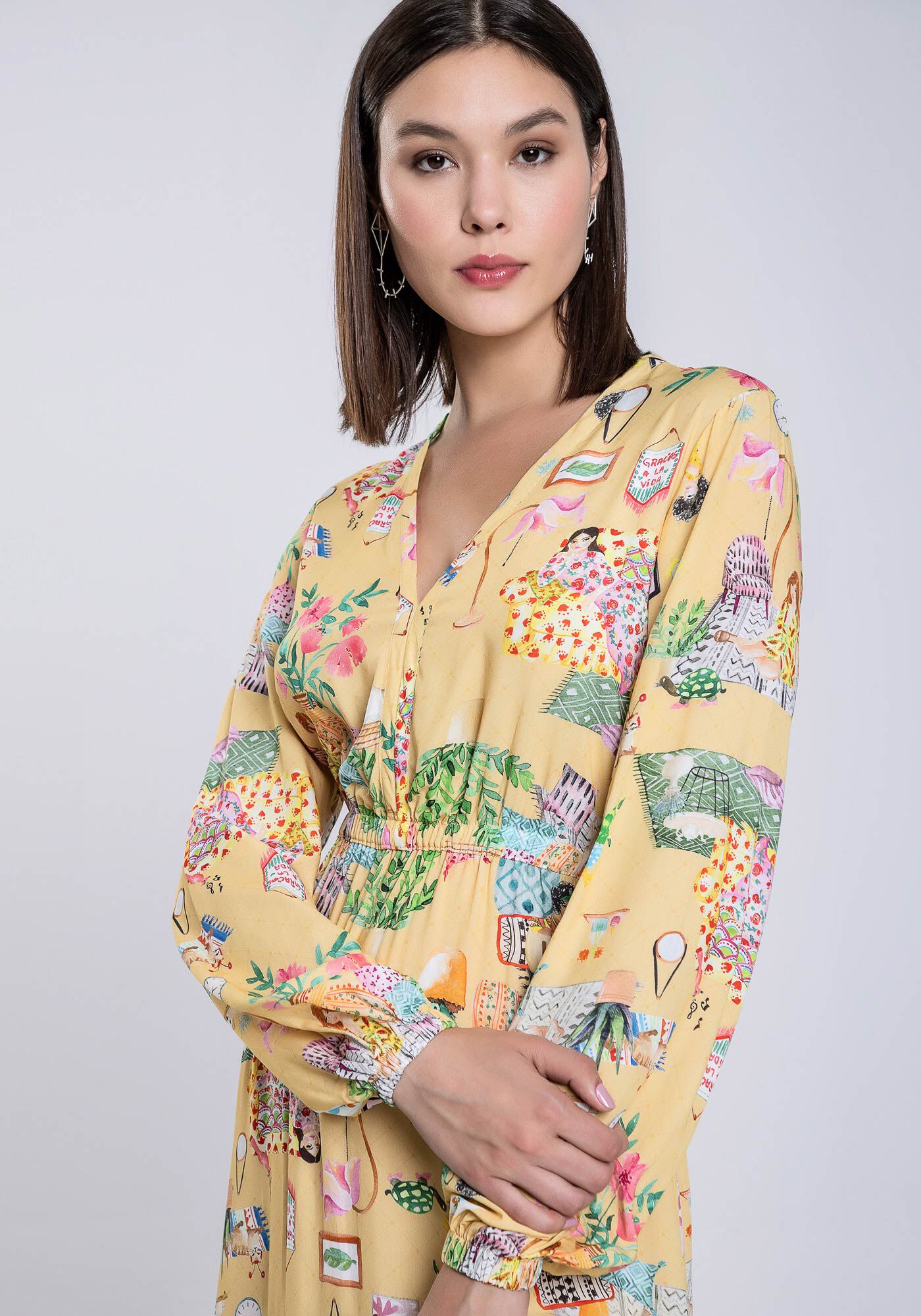 Vestido Midi Manga Longa em Viscose Estampado Lez a Lez
