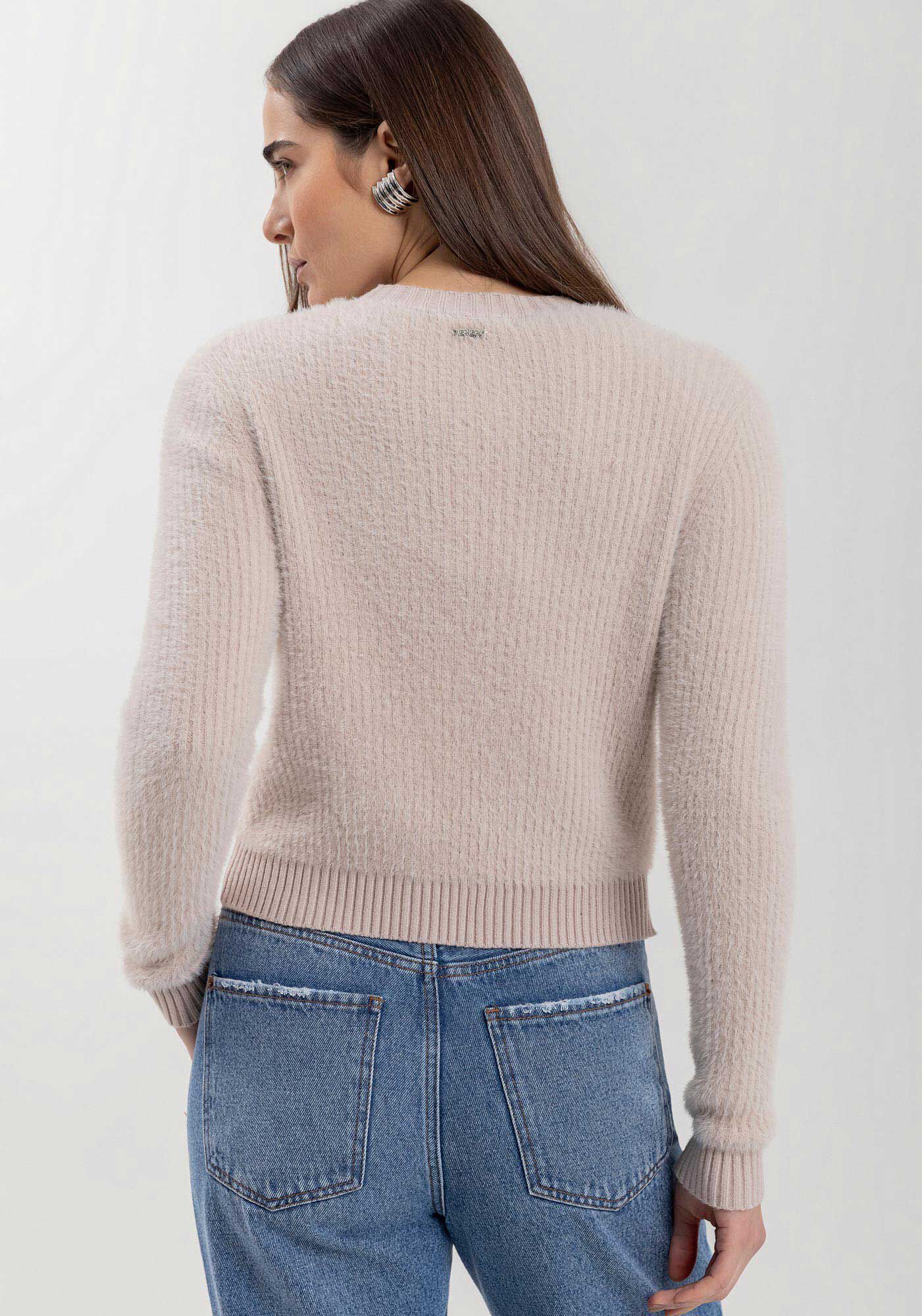 Blus&atilde;o Curto De Mangas Longas Com Pelinhos Em Malha De Tric&ocirc;, , large.