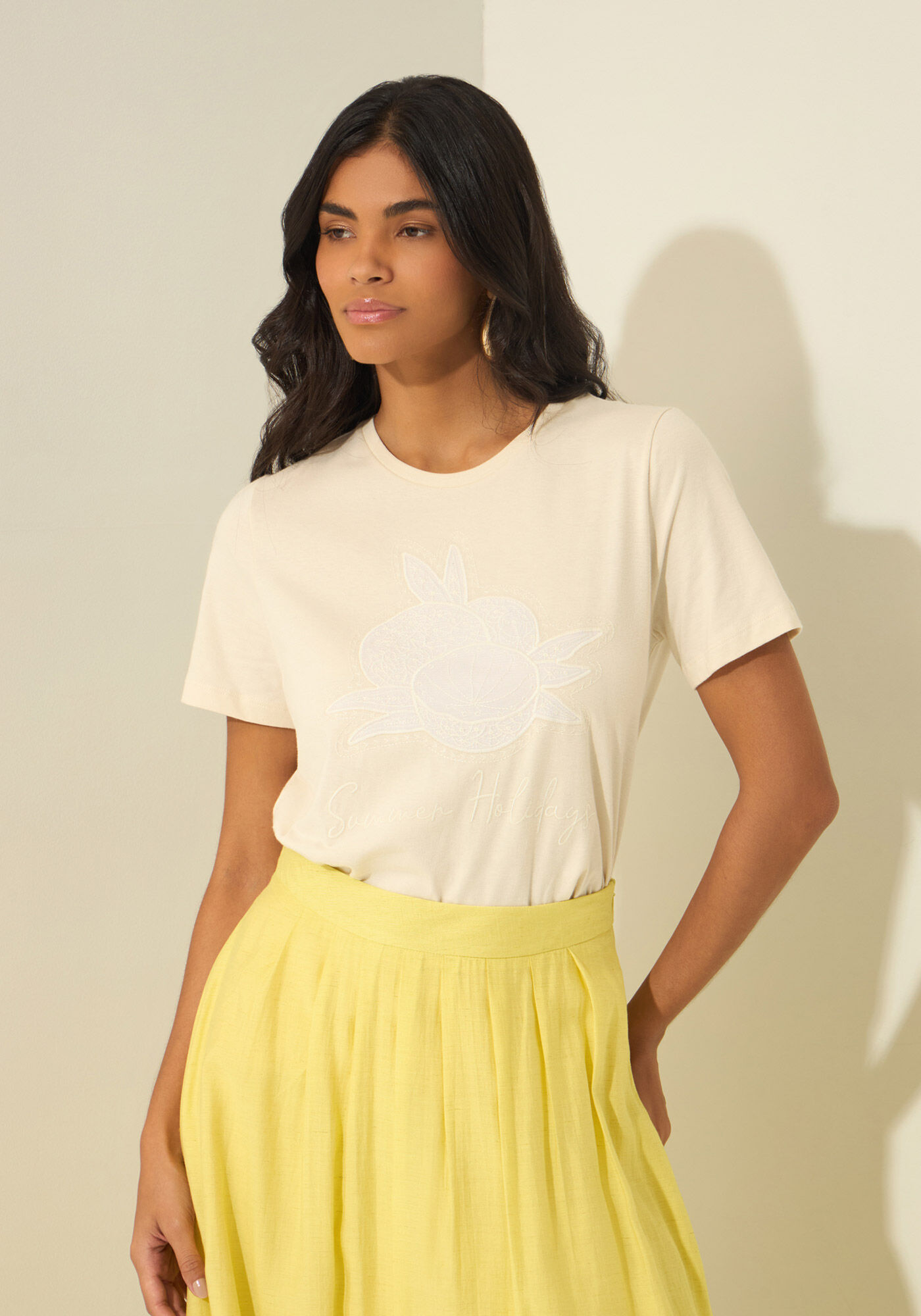 T- shirt Com Bordado Em Malha Penteada, BEGE ALHAMBRA, large.