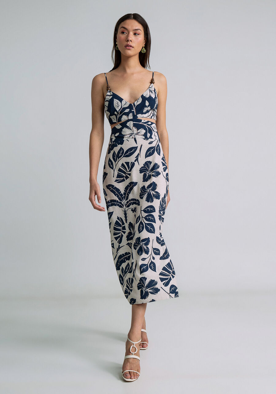 Vestido Midi Recorte Cintura Estampa, NATURALIDADE. Vestido Midi Recorte Cintura Estampa, NATURALIDADE, large.