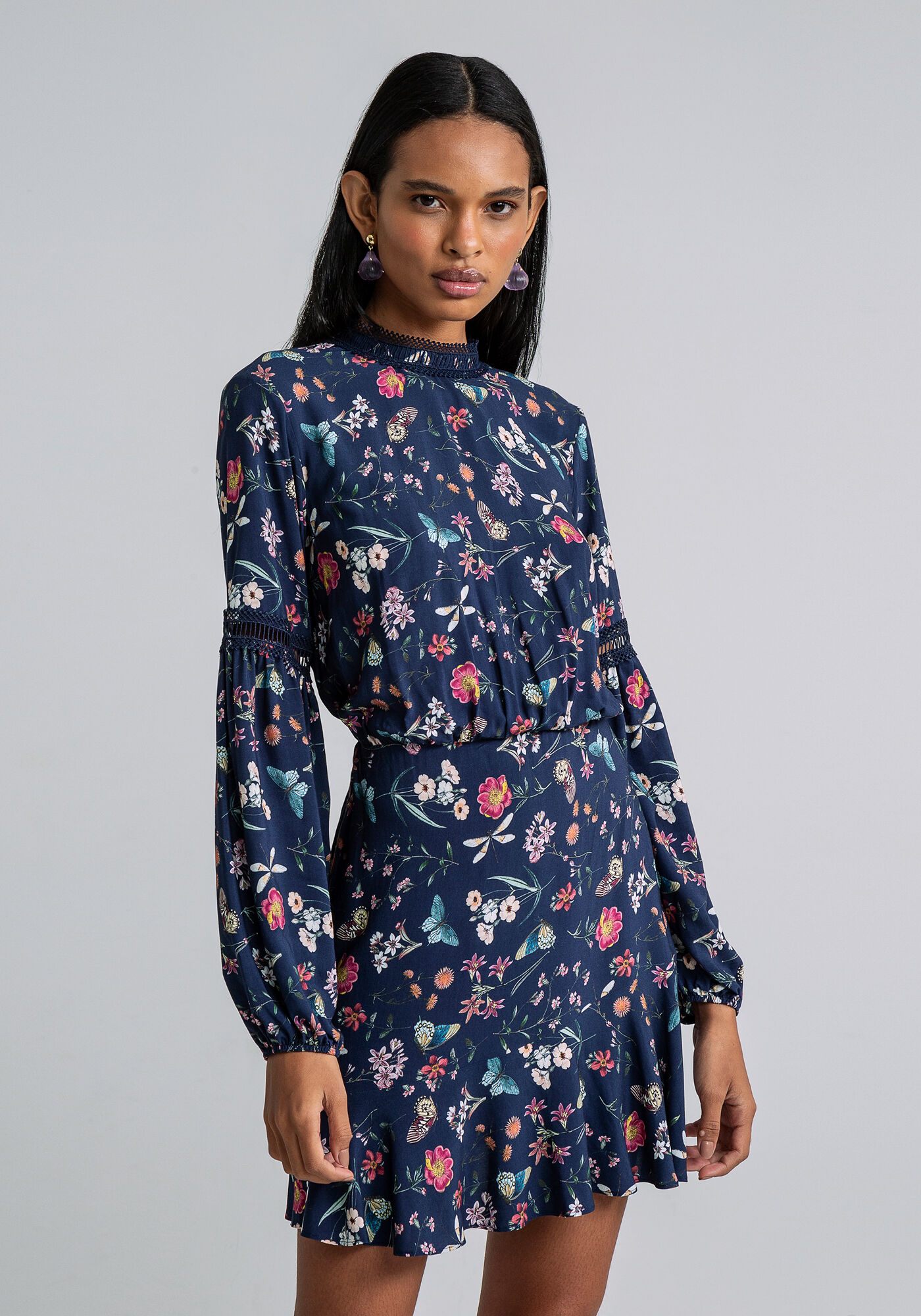 Vestido Manga Bufante Gola Estampa, LIBERDADE, large.