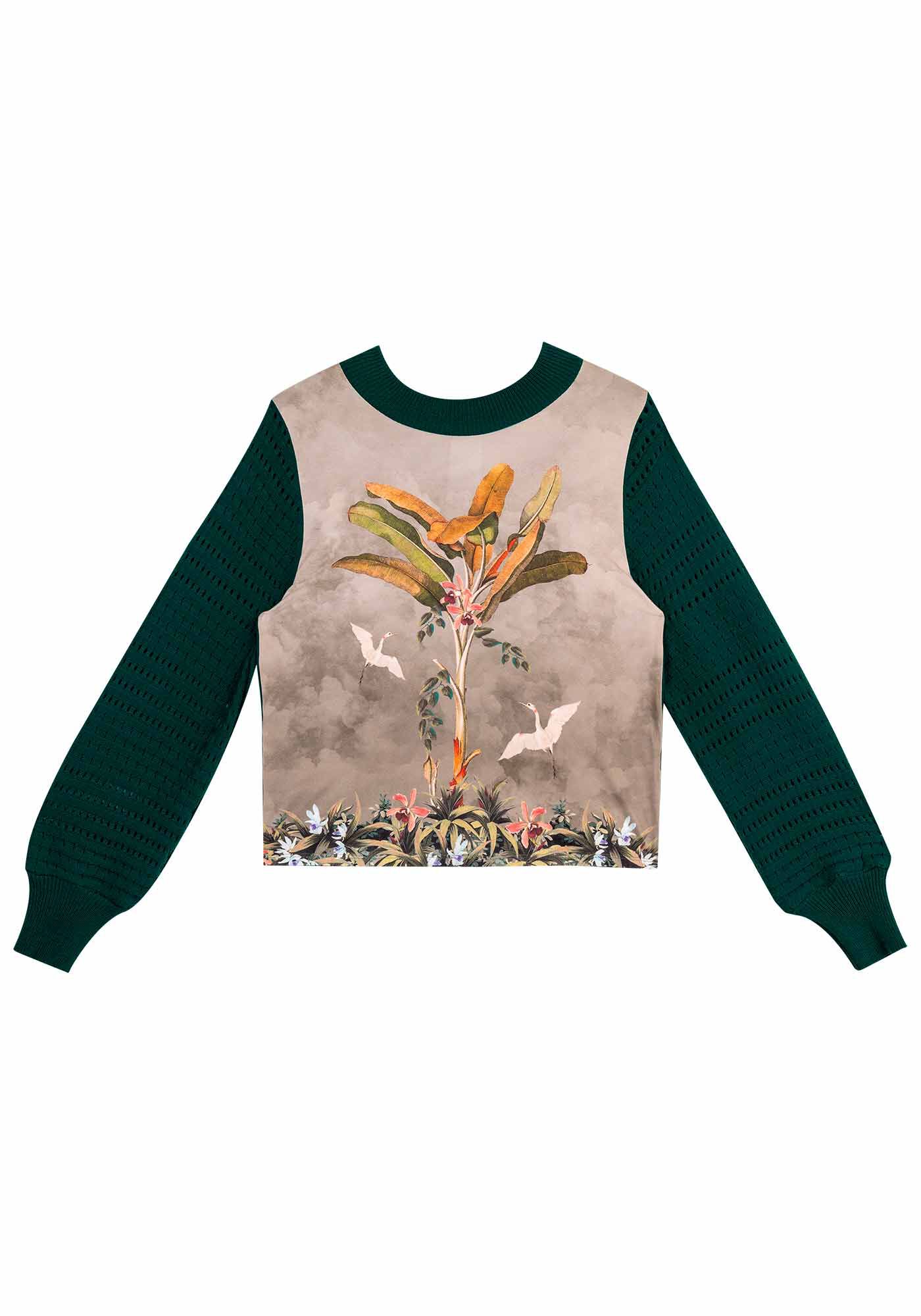 Blus&atilde;o Estampado em Tric&ocirc; com Mangas Bufantes, , large.