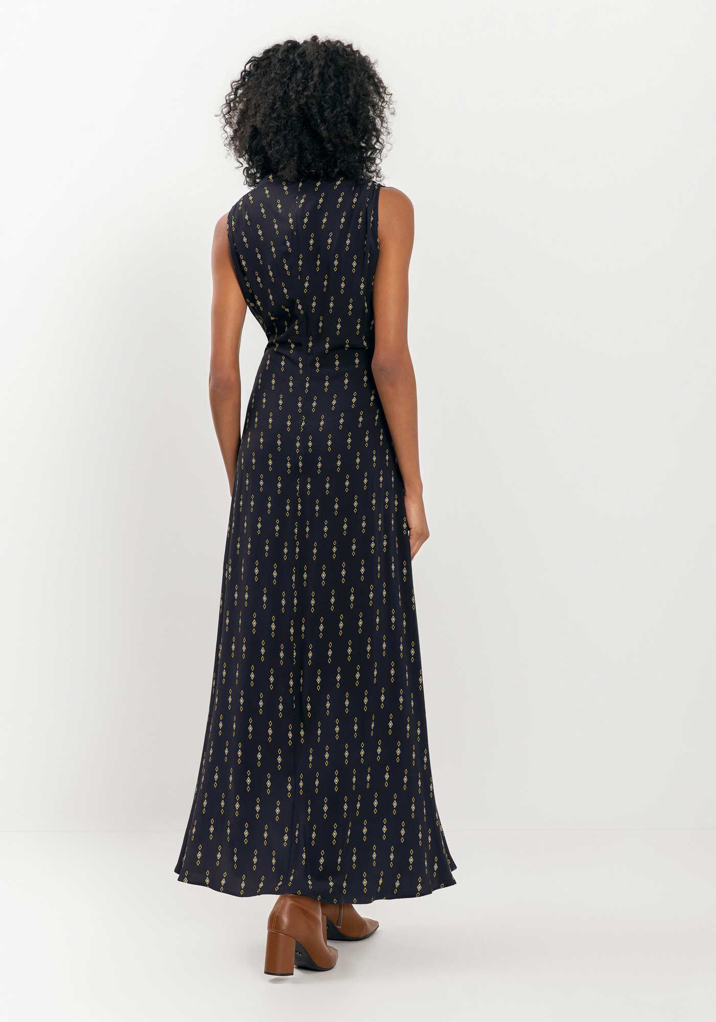 Vestido Longo Estampado Com Decote Em V E Enfeite, , large.