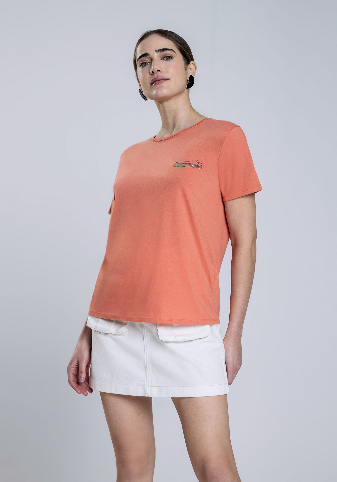 Blusa Manga Curta em Malha com Ombreiras, LARANJA VERBENA, large.