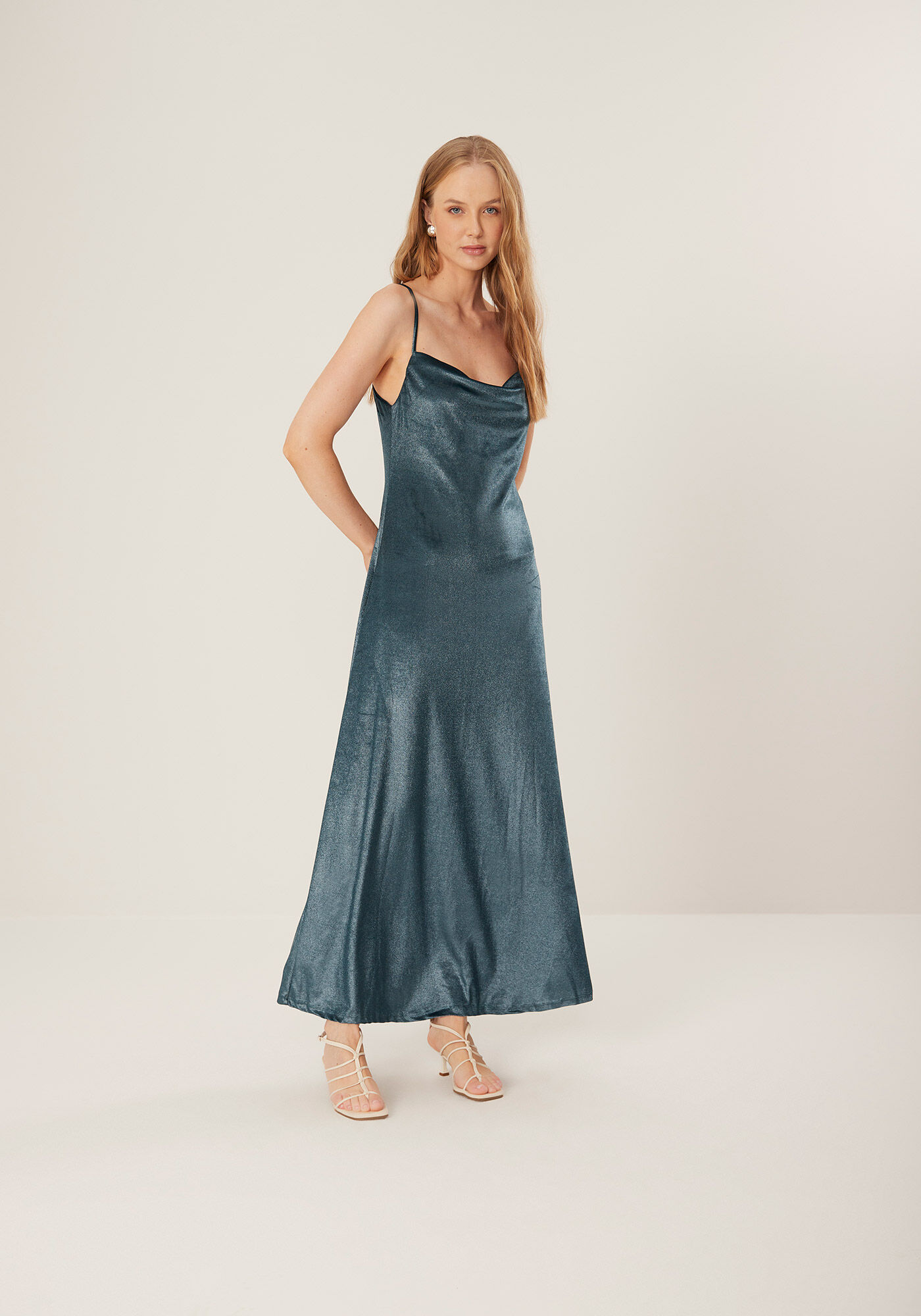 Vestido Longo De Al&ccedil;as Em Malha De Veludo, VERDE CERES, large.