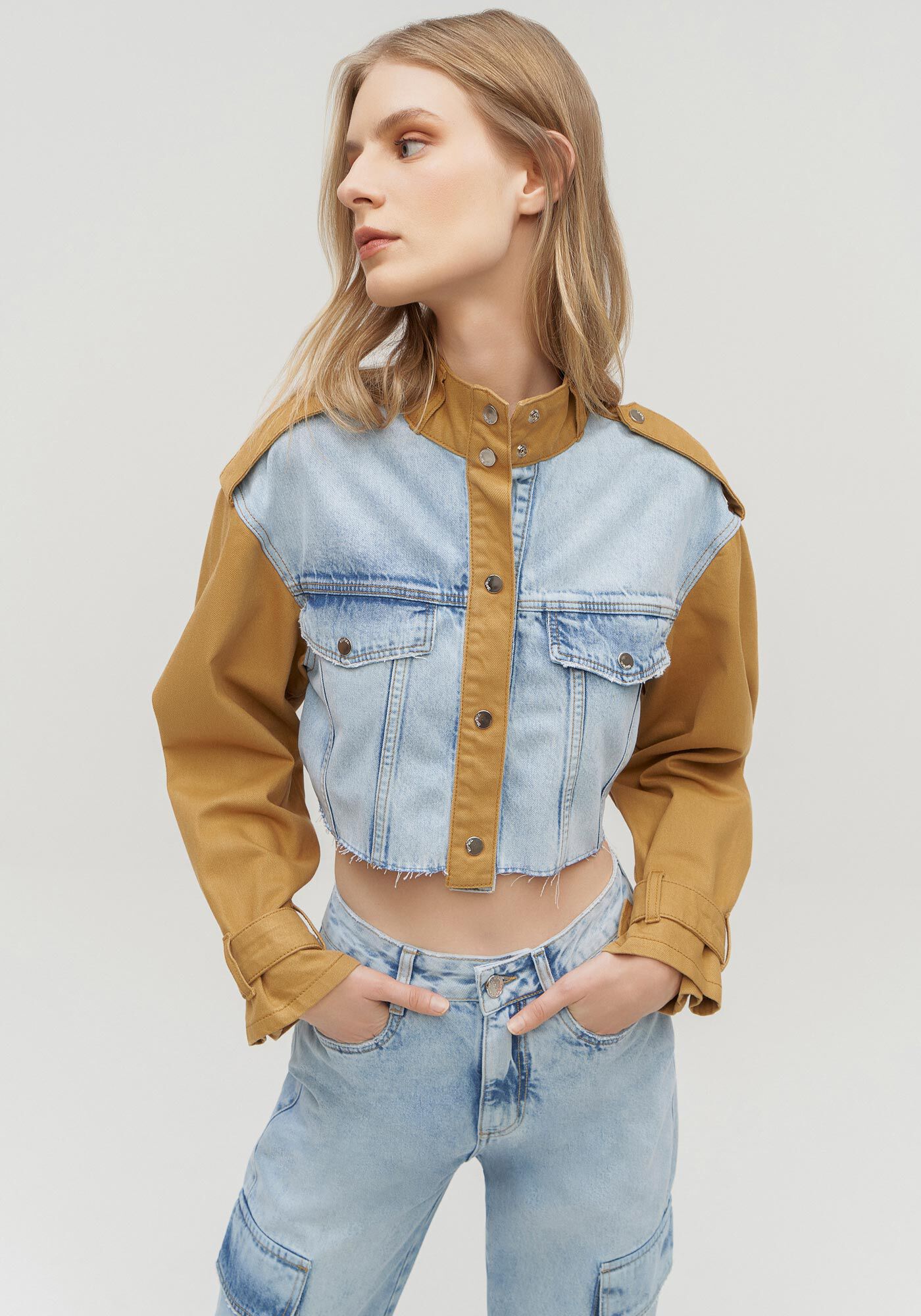 Jaqueta Jeans Cropped Duo com Manga Bufante, , large.