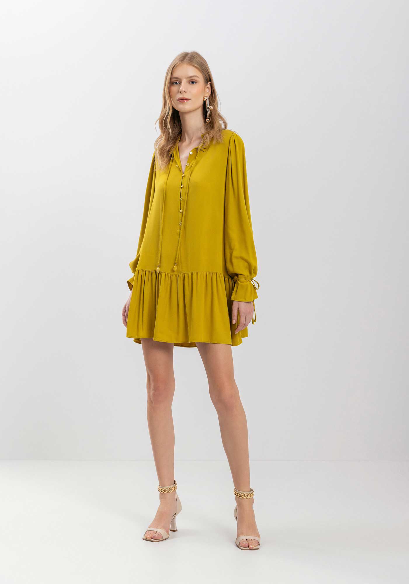 Vestido Curto De Manga Longa Com Babados E Amarra&ccedil;&otilde;es, , large.