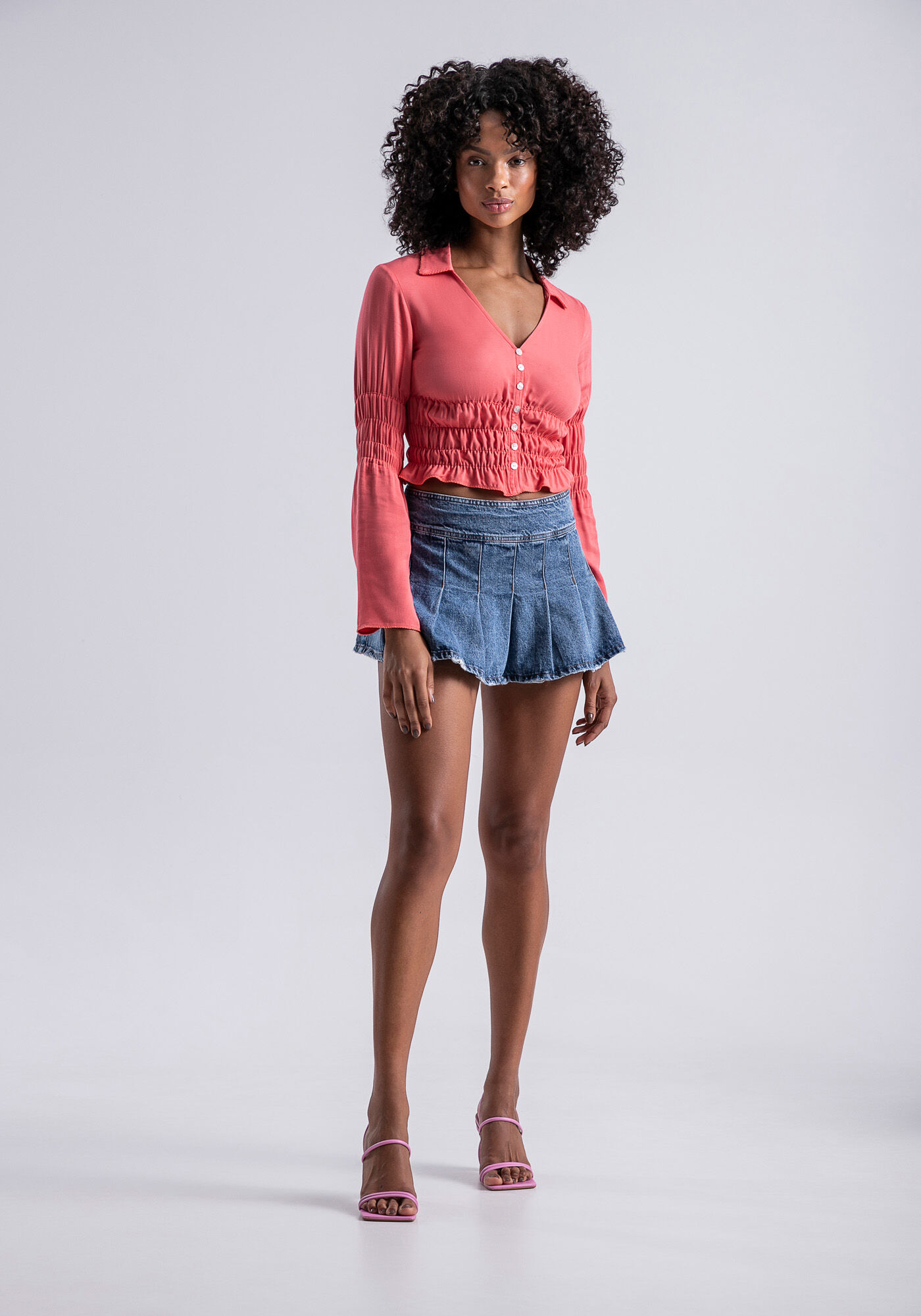 Blusa Manga Longa em Viscose com Franzidos, , large.