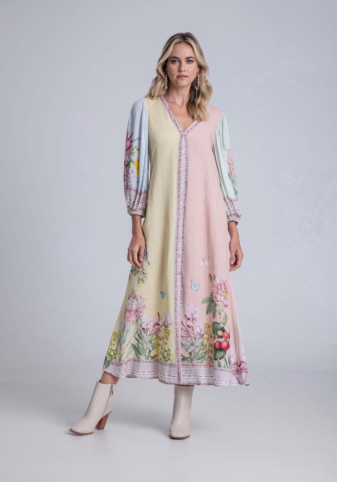 Vestido Midi Manga em Viscose com Cinto, PAPEL DE CARTAS, large.