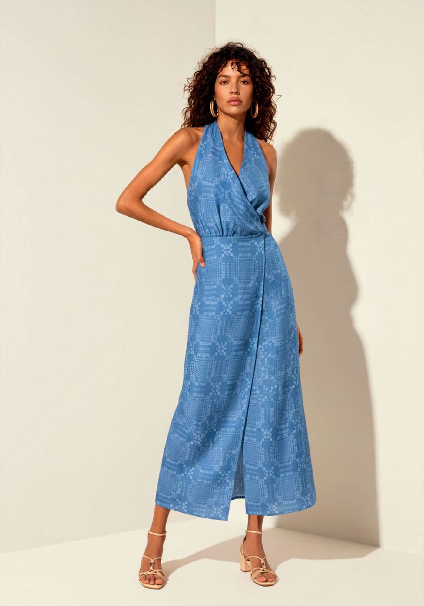 Vestido Ch&aacute; Transpassado Frente &Uacute;nica Estampado, CHECK AZUL, large.