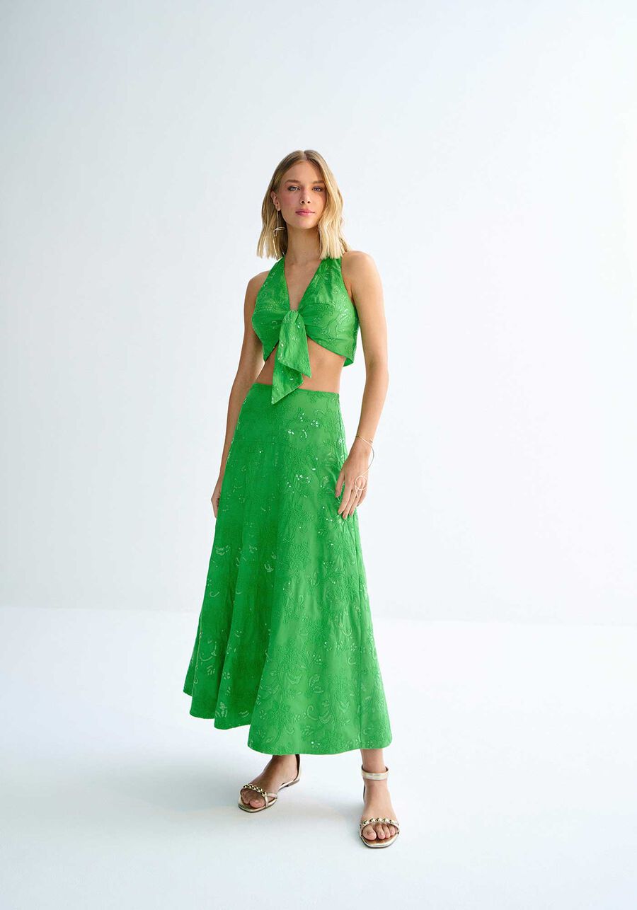 Saia Midi Evasê em Tecido Bordado Paetês, VERDE MELISSA. Saia Midi Evasê em Tecido Bordado Paetês, VERDE MELISSA, large.