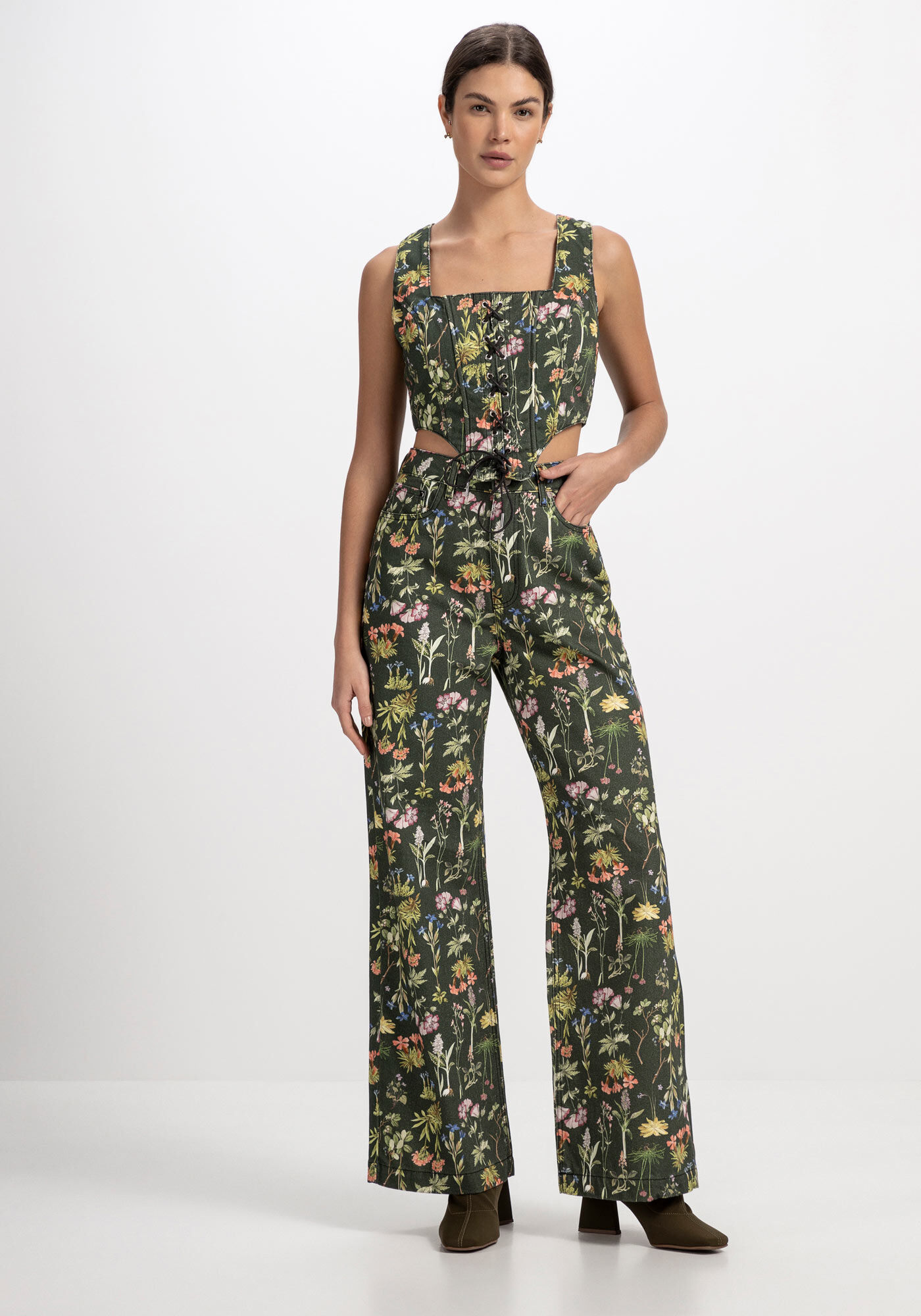 Blusa Sarja Corset Estampada com Amarra&ccedil;&atilde;o, , large.