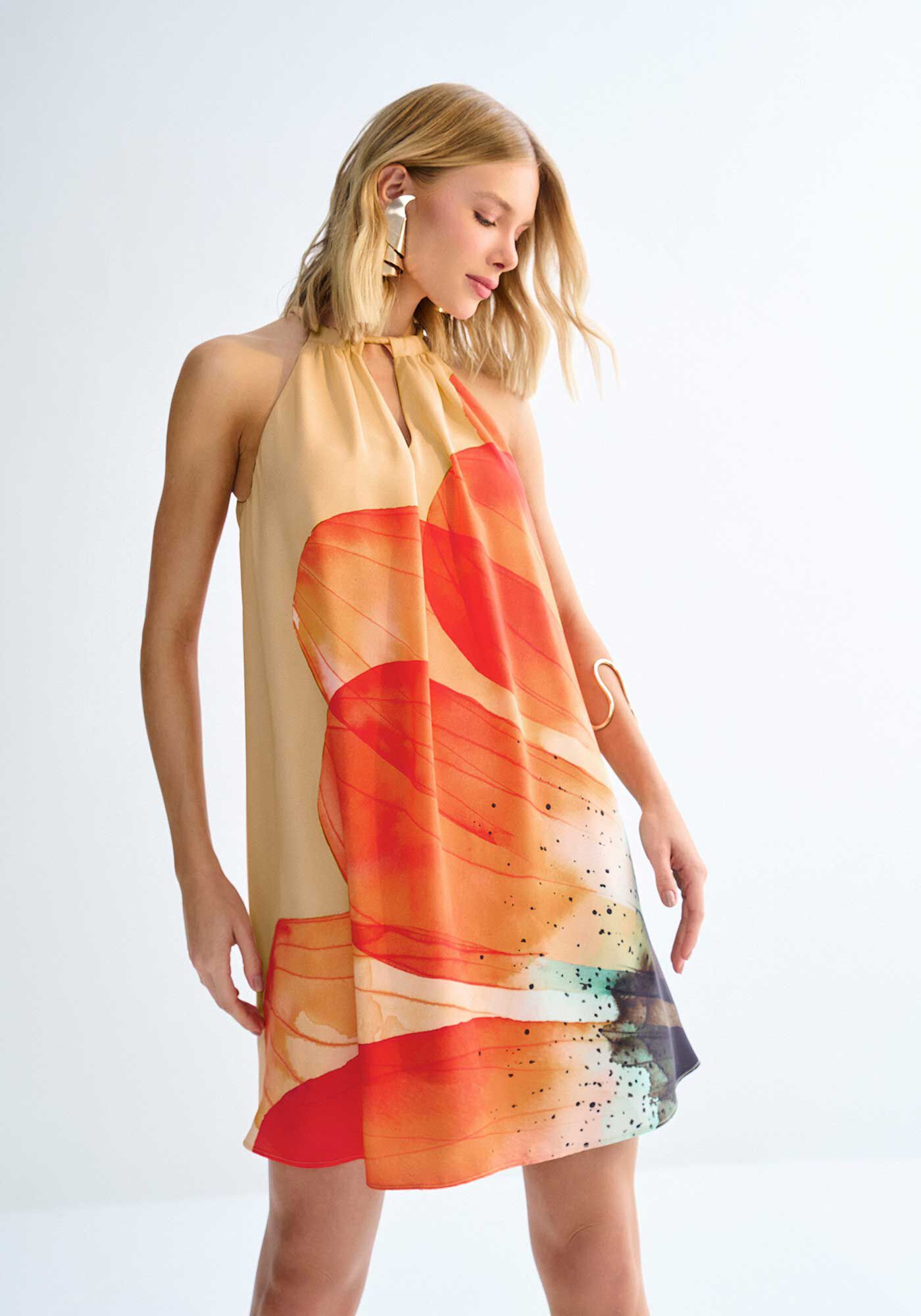 Vestido Curto Amplo com Estampa Blossom, LARANJA PECHE, large.