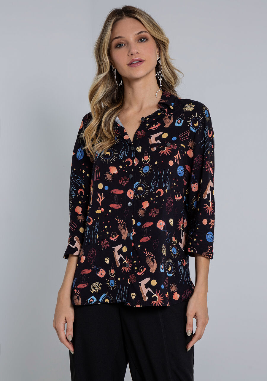 Camisa Manga 3/4 em Viscose Estampada, ENIGMA. Camisa Manga 3/4 em Viscose Estampada, ENIGMA, large.
