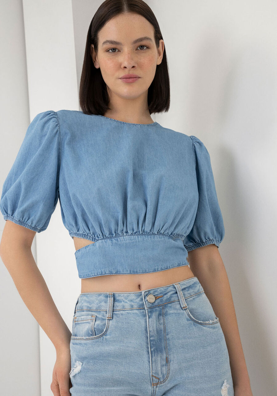 Blusa Jeans Cropped com Franzido e Manga Bufante, . Blusa Jeans Cropped com Franzido e Manga Bufante, , large.