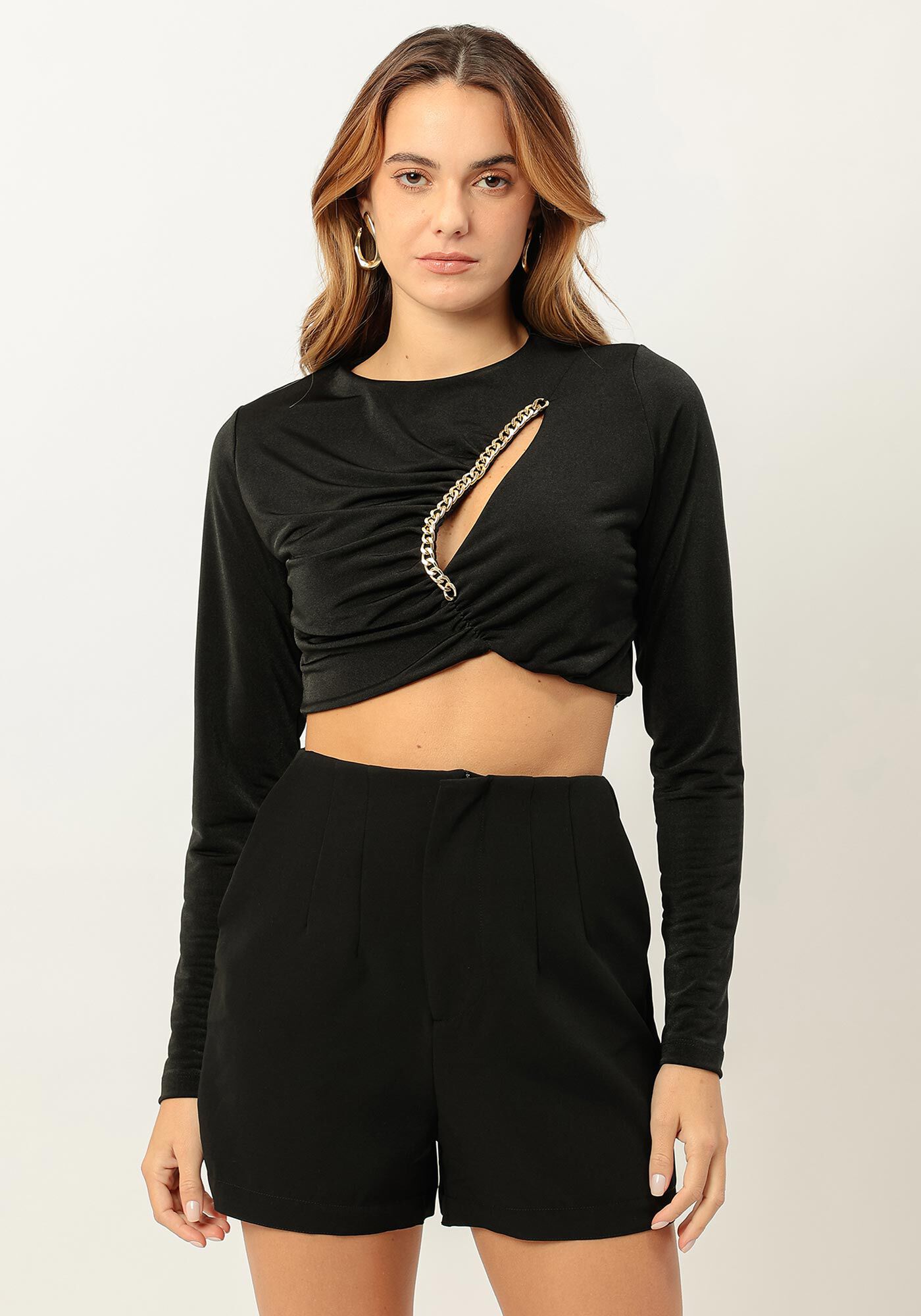 Blusa Manga Longa Cropped com Corrente, PRETO REATIVO, large.