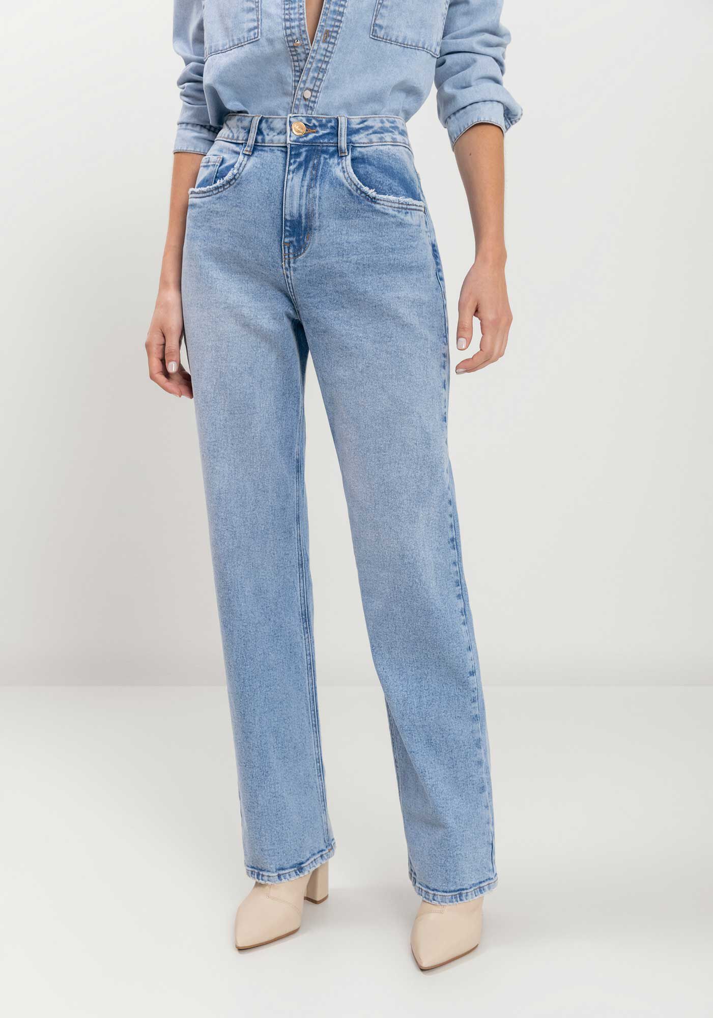 Cal&ccedil;a Reta Jeans Com Elastano E Cintura Alta, JEANS CLARO, large.