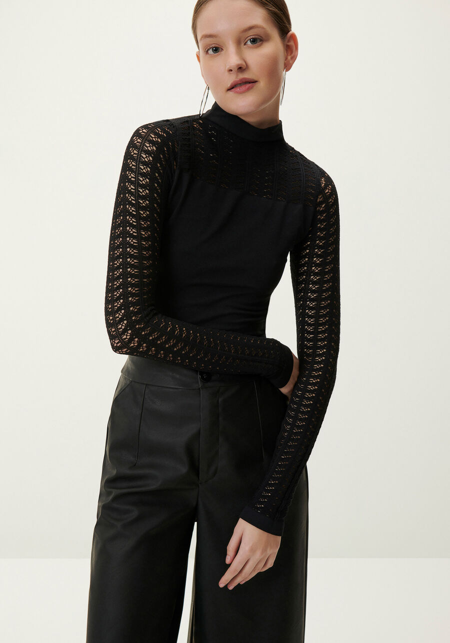 Blusa Gola Alta com Manga Longa em Renda, . Blusa Gola Alta com Manga Longa em Renda, , large.