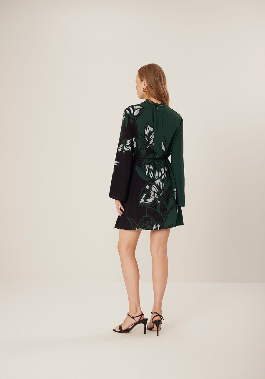 Vestido Curto Estampado Com Mangas Longas Amplas E Cinto, ANEMONE VERDE. Vestido Curto Estampado Com Mangas Longas Amplas E Cinto, ANEMONE VERDE, large.
