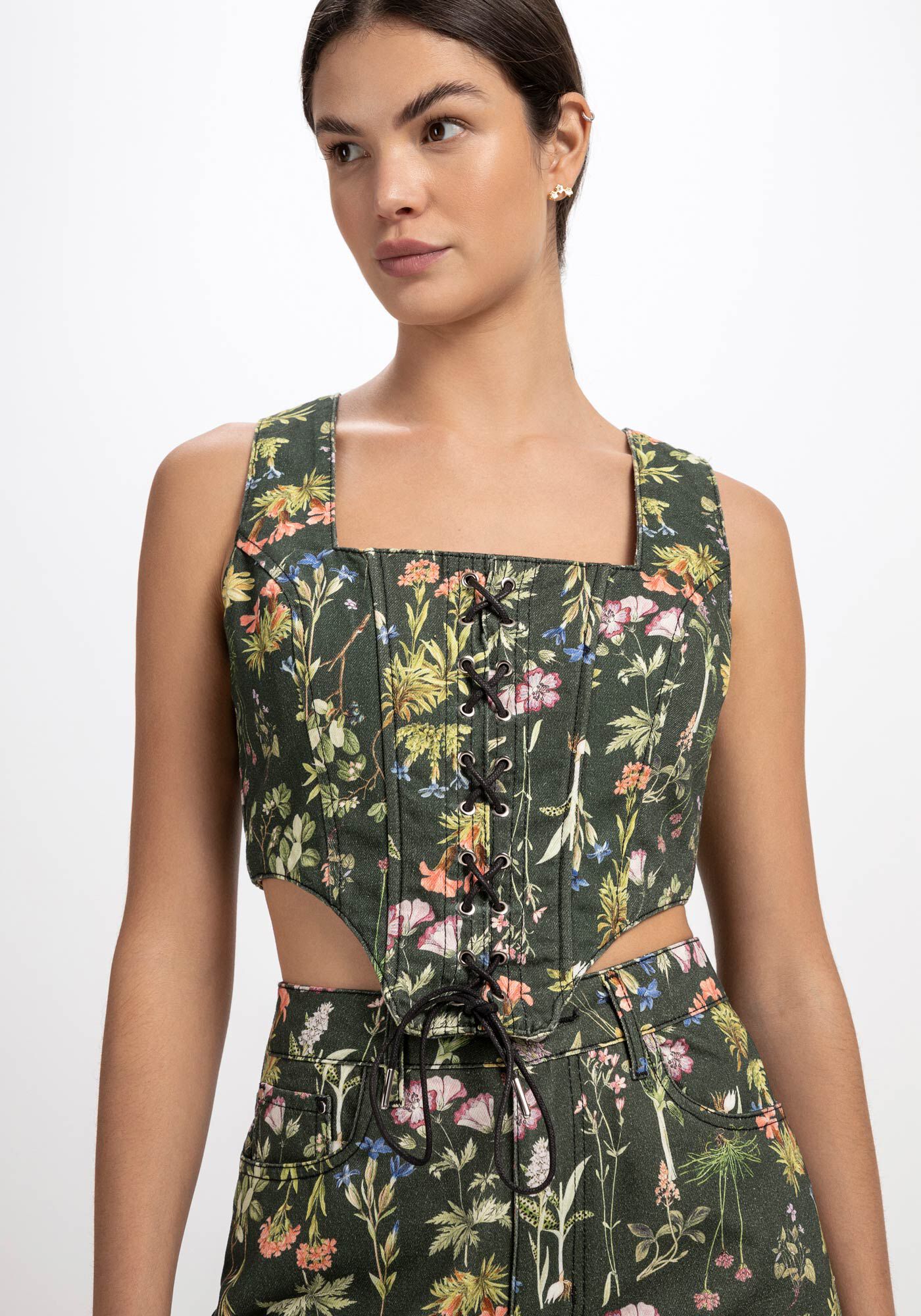 Blusa Sarja Corset Estampada com Amarra&ccedil;&atilde;o, , large.