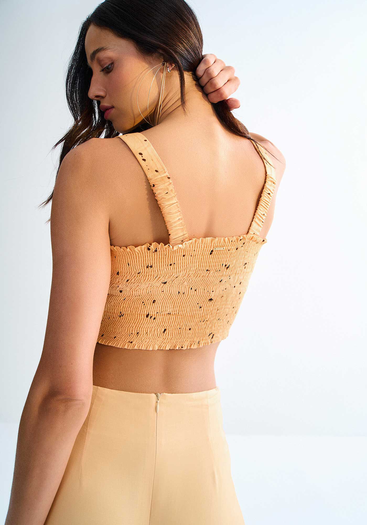 Blusa Cropped em Viscose Estampada com Decote Reto, BLOSSOM LARANJA, large.