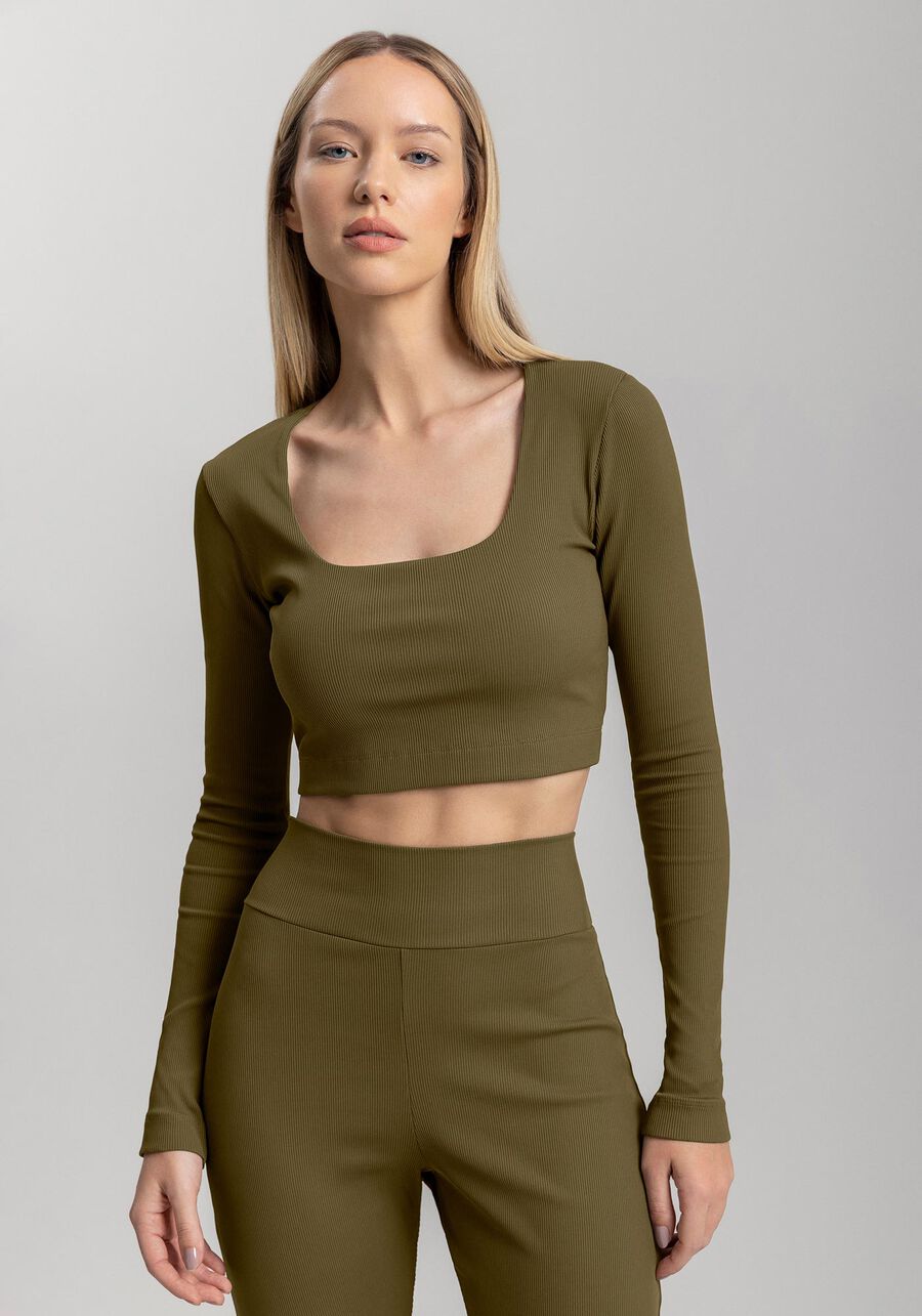 Blusa Cropped Canelada De Mangas Longas Move, VERDE. Blusa Cropped Canelada De Mangas Longas Move, VERDE, large.