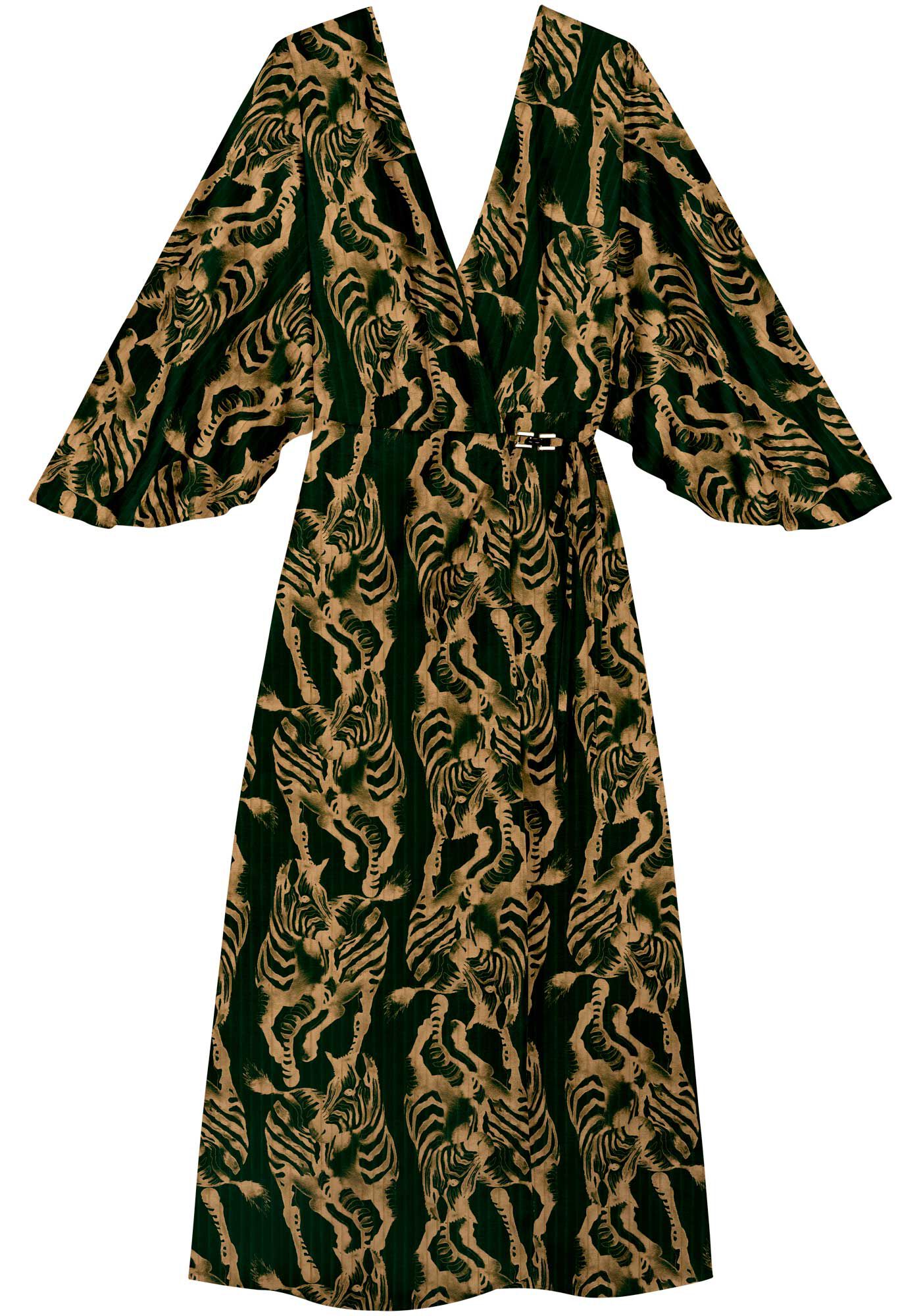 Vestido Ch&aacute; Estampado Com Mangas Amplas E Enfeite, , large.