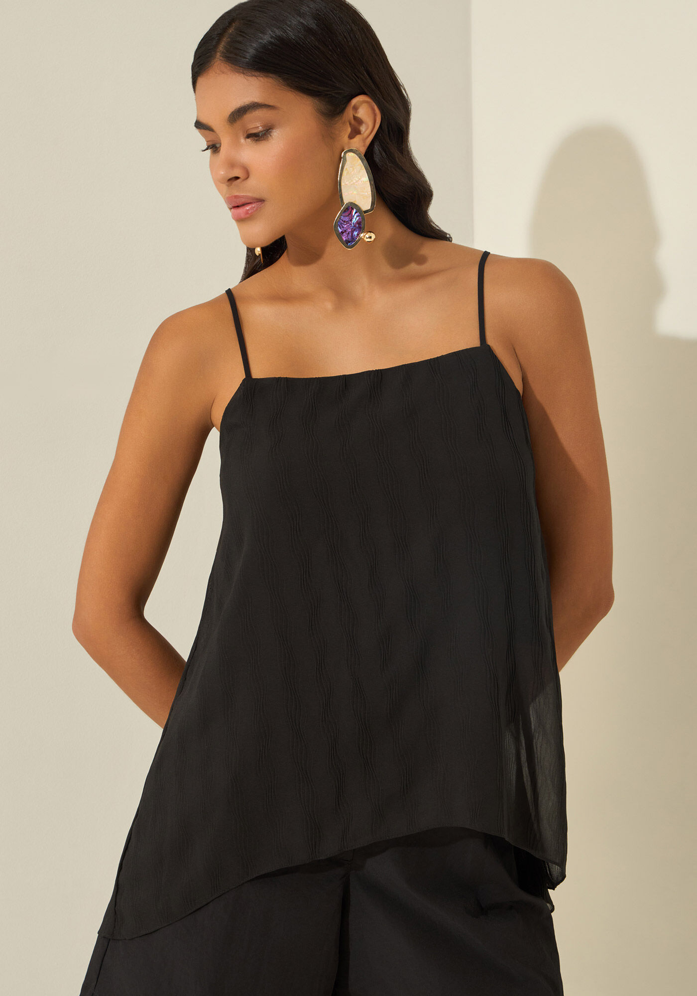 Blusa De Al&ccedil;as Finas Em Chiffon, PRETO, large.