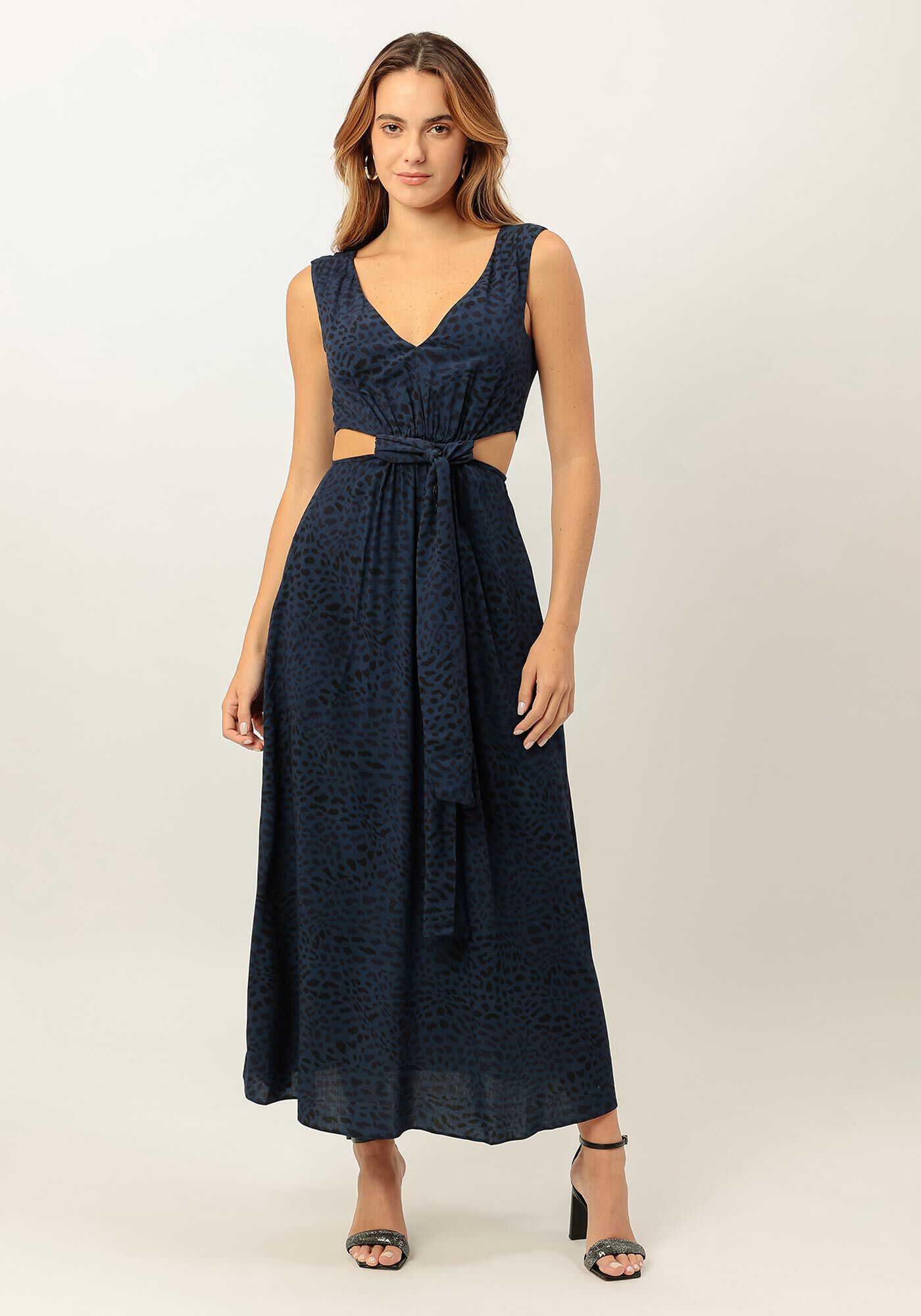 Vestido Midi em Viscose com Cut e Faixa, LEOPARDO, large.
