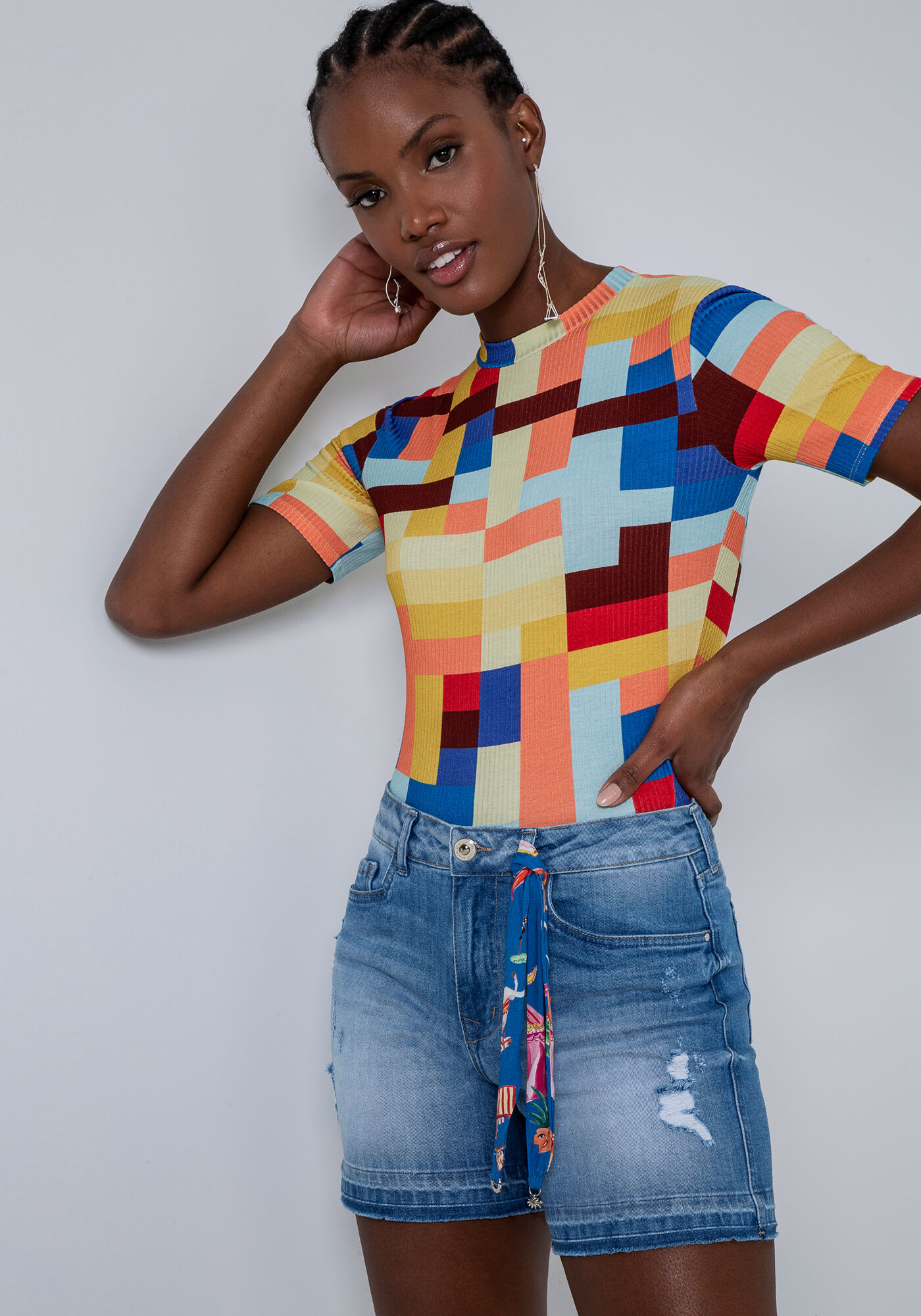 Shorts Jeans Justo com Faixa, JEANS, large.