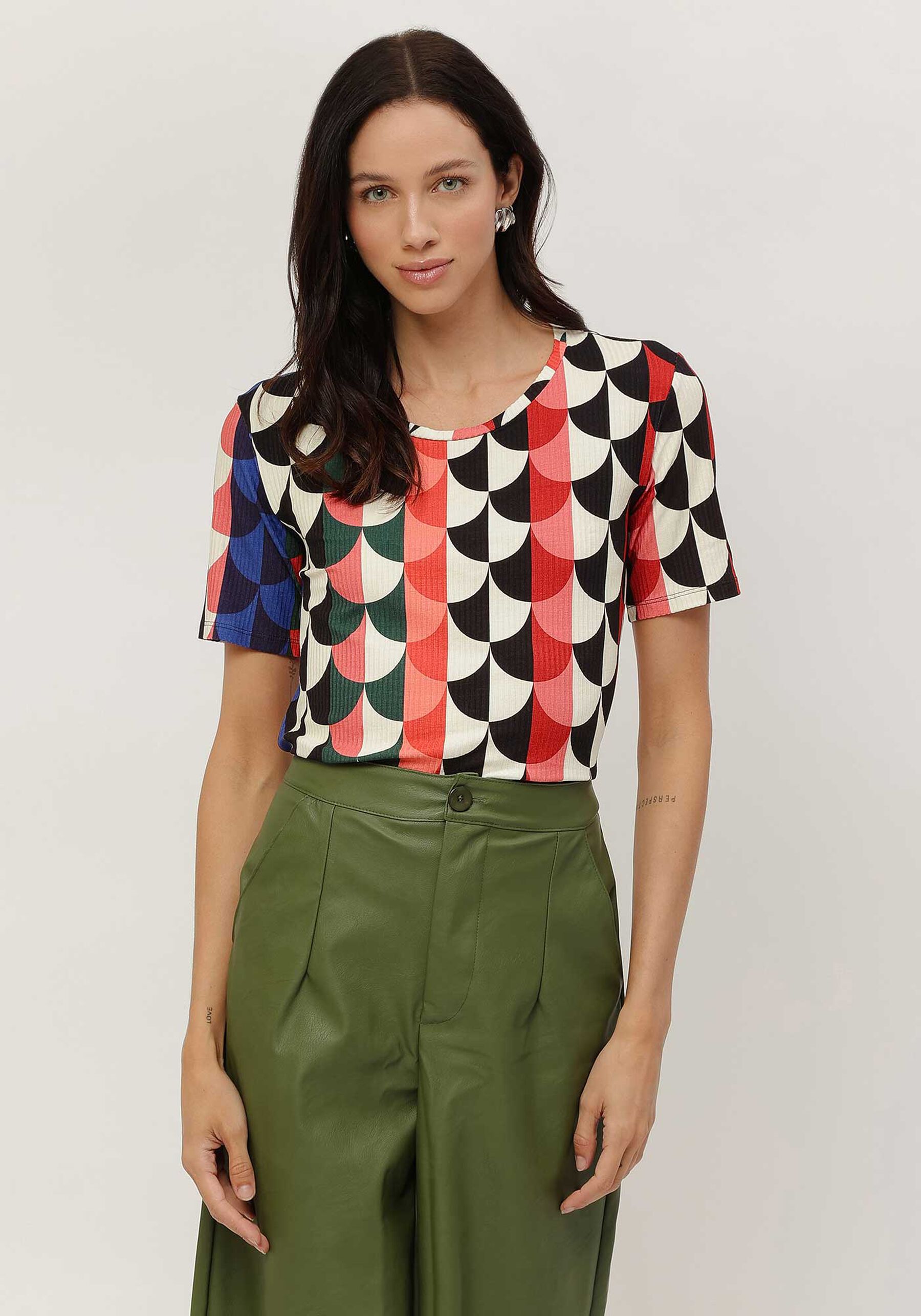 Blusa Estampada Canelada com Manga Curta, . Blusa Estampada Canelada com Manga Curta, , large.