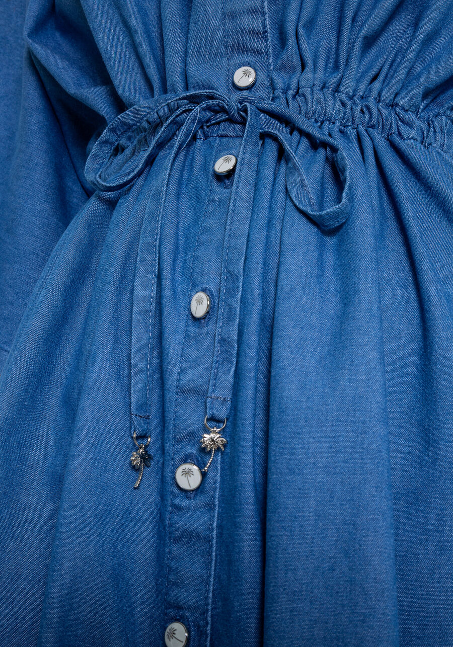 Vestido Midi em Jeans com Manga 3/4 e Bordado, JEANS. Vestido Midi em Jeans com Manga 3/4 e Bordado, JEANS, large.