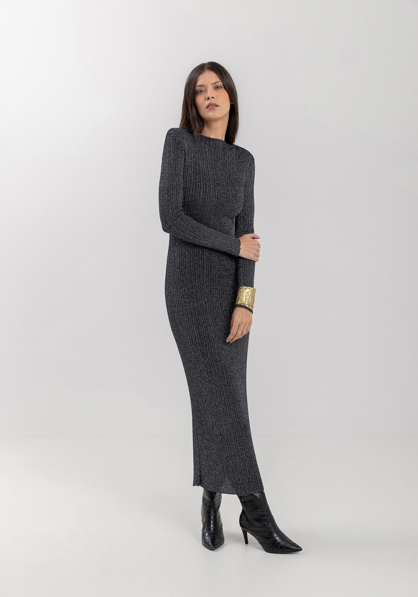 Vestido Midi Ch&aacute; Em Tric&ocirc; Com Mangas Longas E Fios De Lurex, , large.