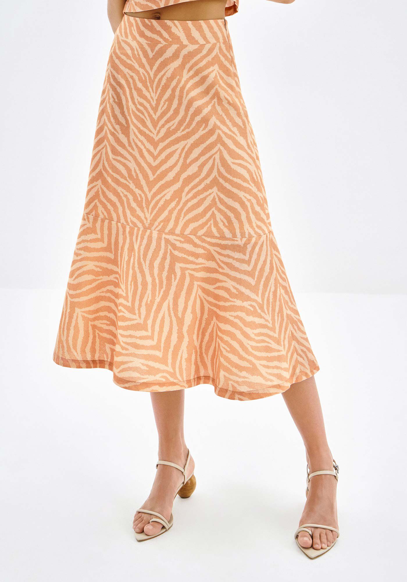 Saia Midi Evas&ecirc; em Linho Estampada, , large.
