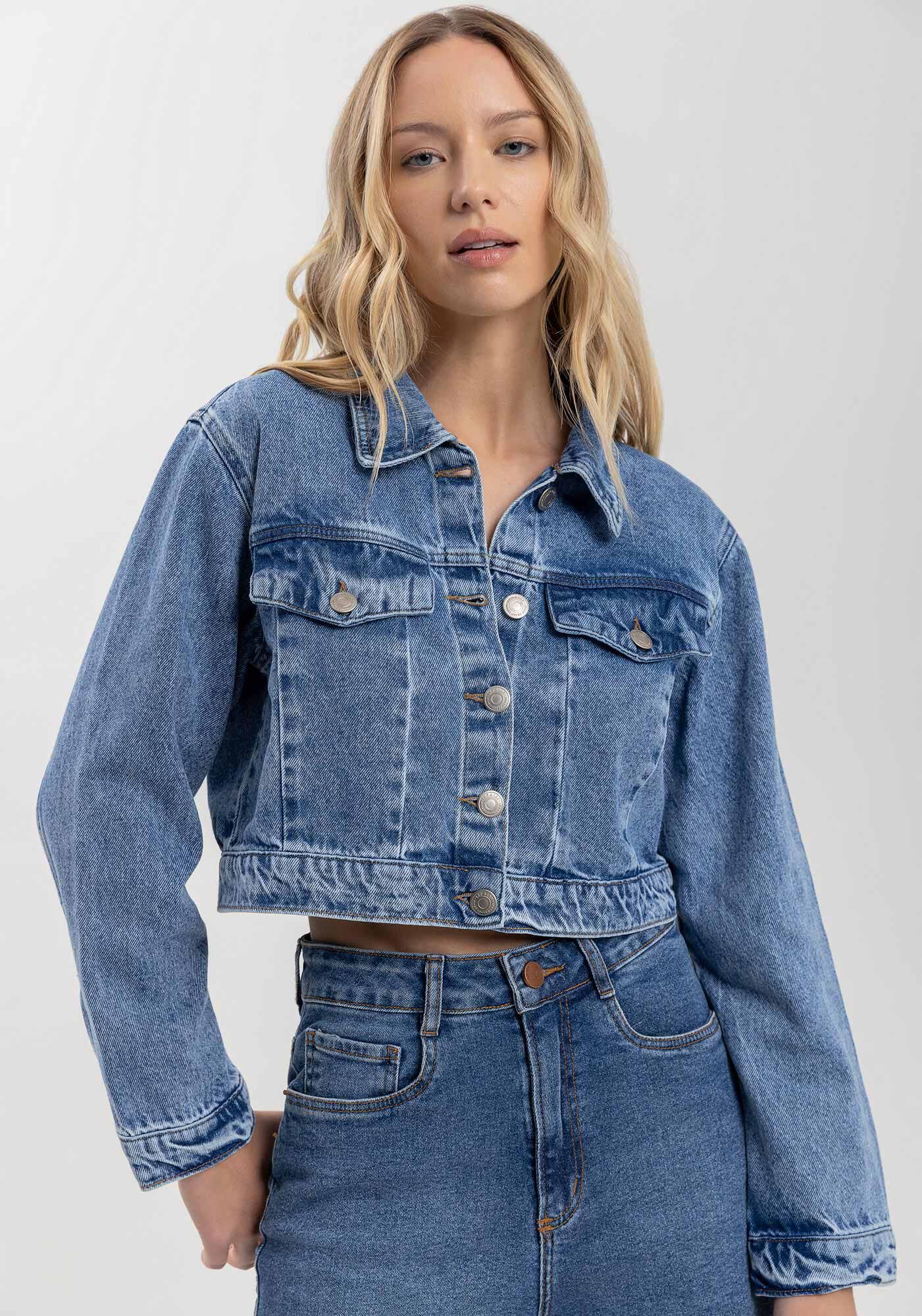 Jaqueta Jeans Cropped Com Lapelas E Bot&otilde;es Frontais, , large.